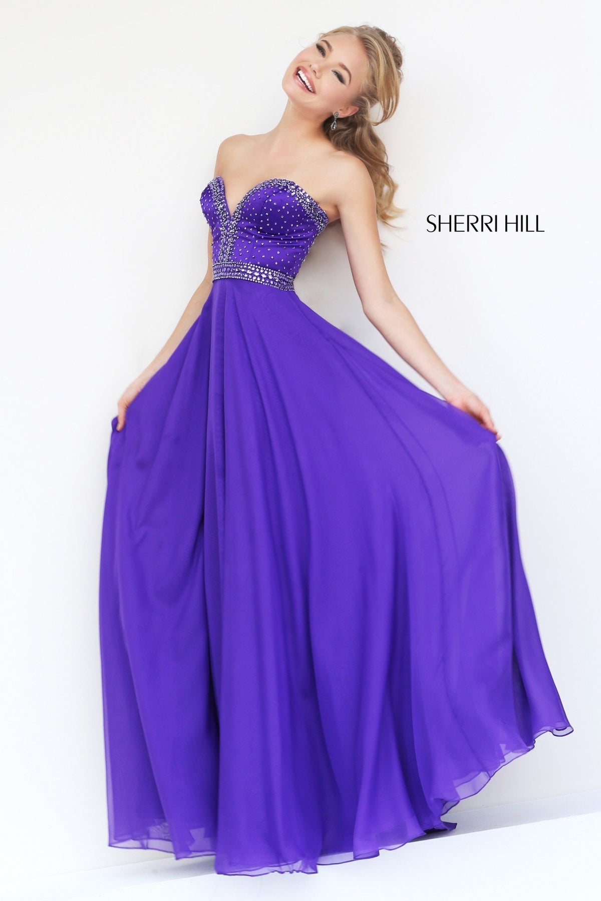 Sherri Hill 32071 strapless beaded bodice satin high-low gown in purple