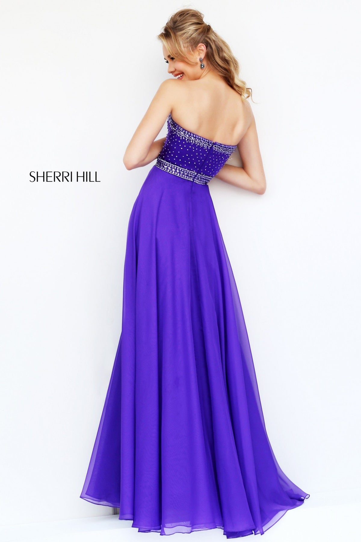 Sherri Hill 32071 strapless beaded bodice satin high-low gown