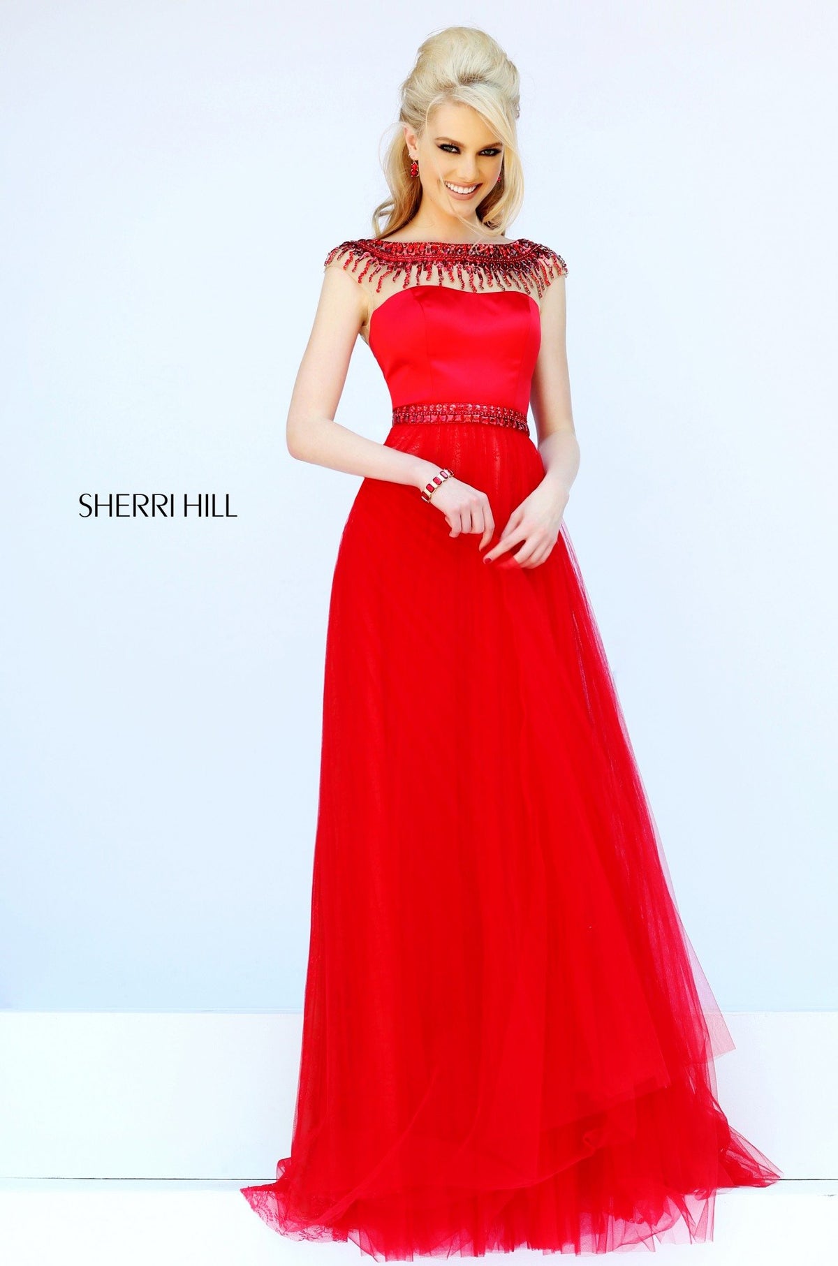Sherri Hill 32138 cap-sleeve beaded bodice tulle gown in red