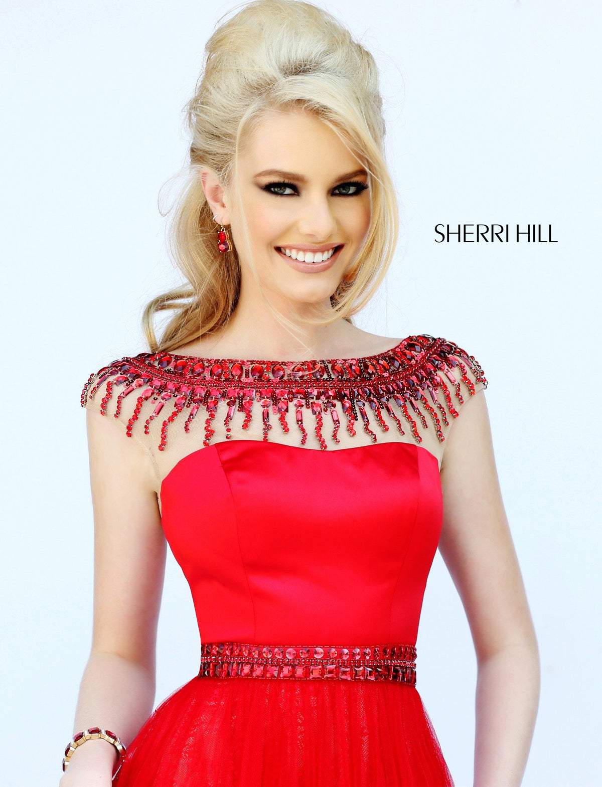 Sherri Hill 32138 cap-sleeve beaded bodice tulle gown