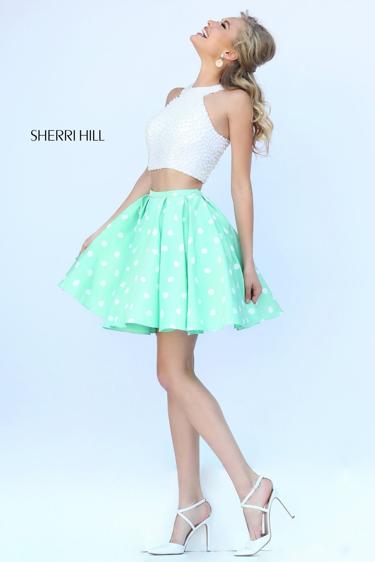 Sherri Hill 32244 two-piece cocktail dress with tulle skirt in ivory/mint