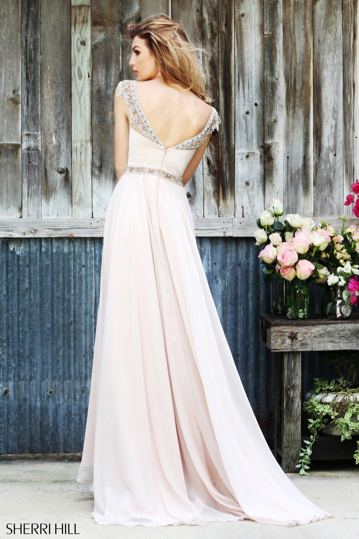Sherri Hill 32220 strapless chiffon gown with beaded neckline