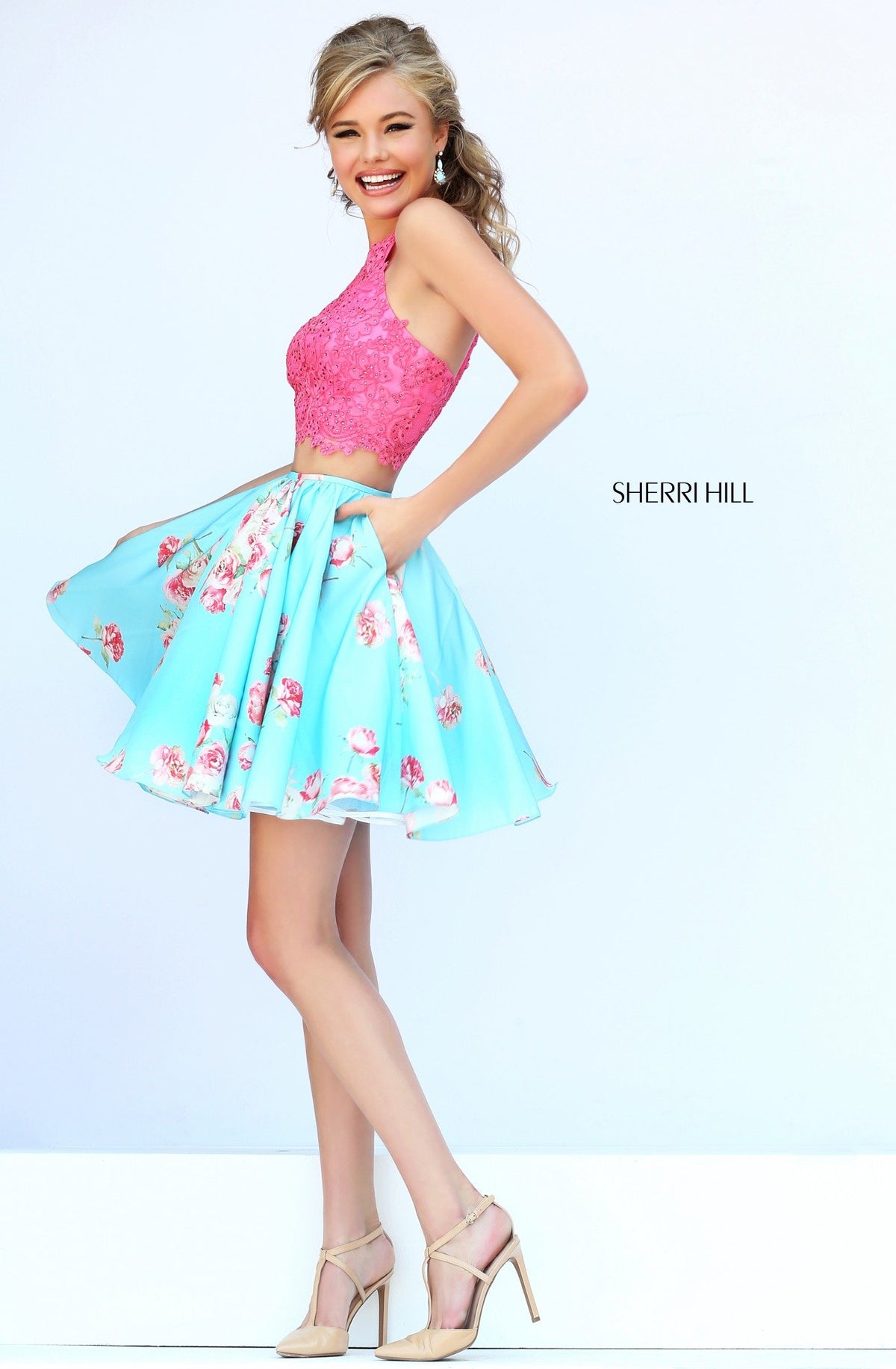 Sherri Hill 32245 two-piece floral print cocktail dress in coral/blue