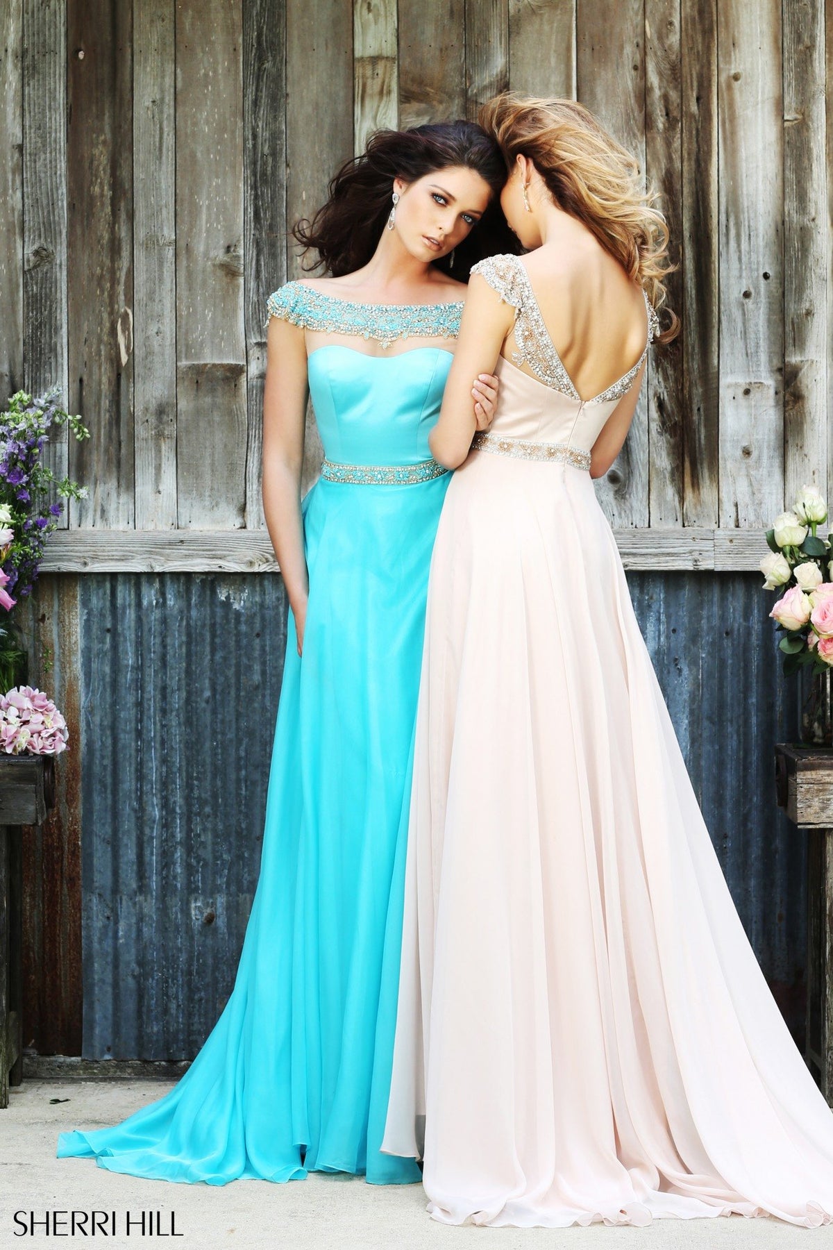Sherri Hill 32220 strapless chiffon gown with beaded neckline