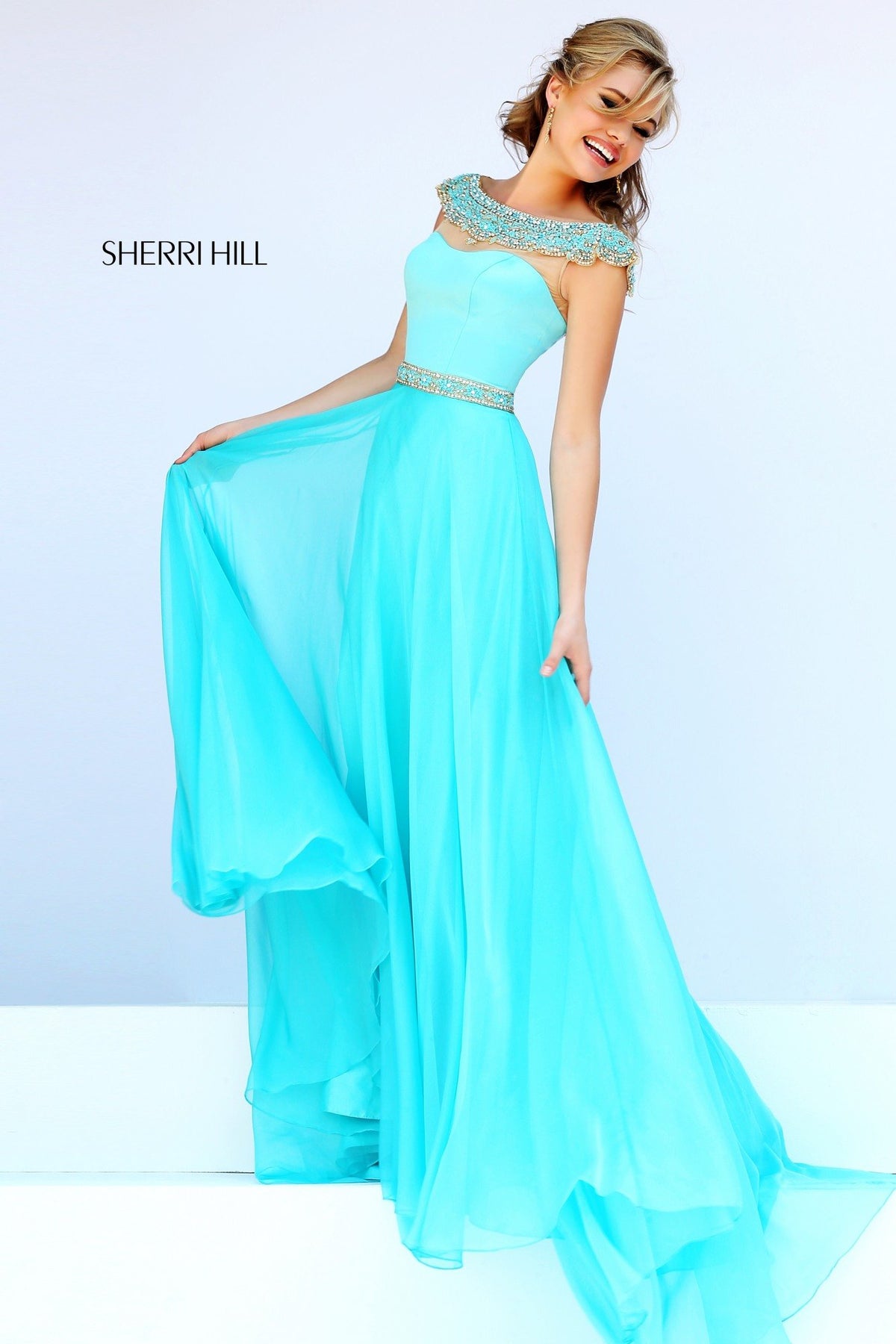 Sherri Hill 32220 strapless chiffon gown with beaded neckline in aqua