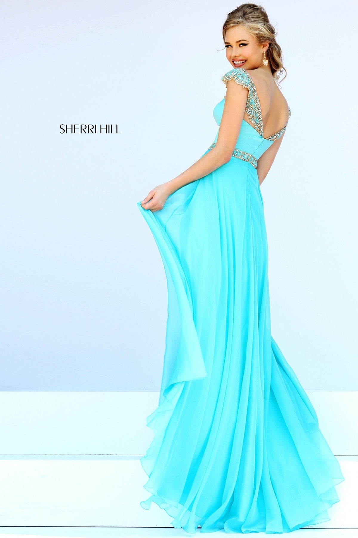 Sherri Hill 32220 strapless chiffon gown with beaded neckline
