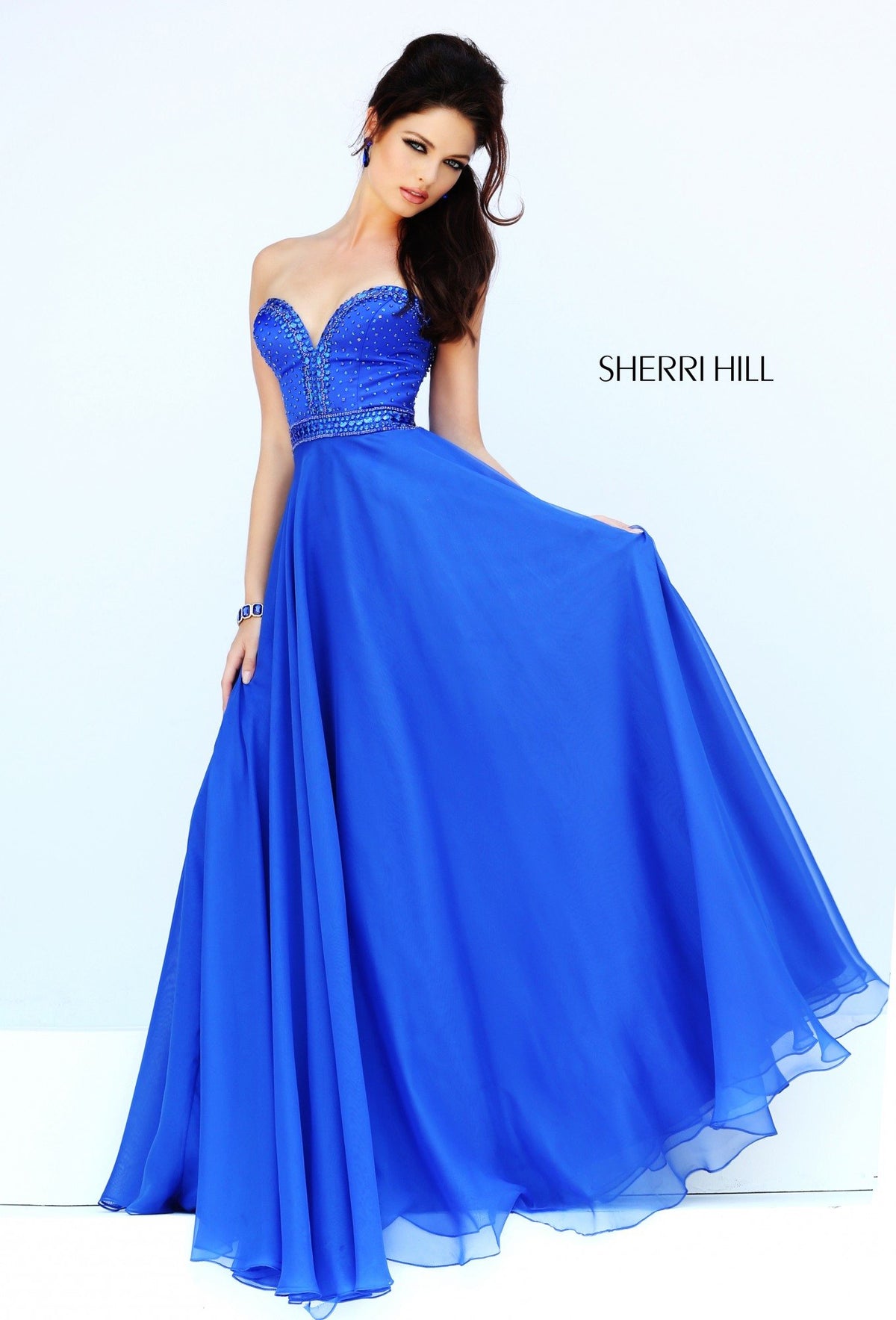 Sherri Hill 32071 strapless beaded bodice satin high-low gown in royal