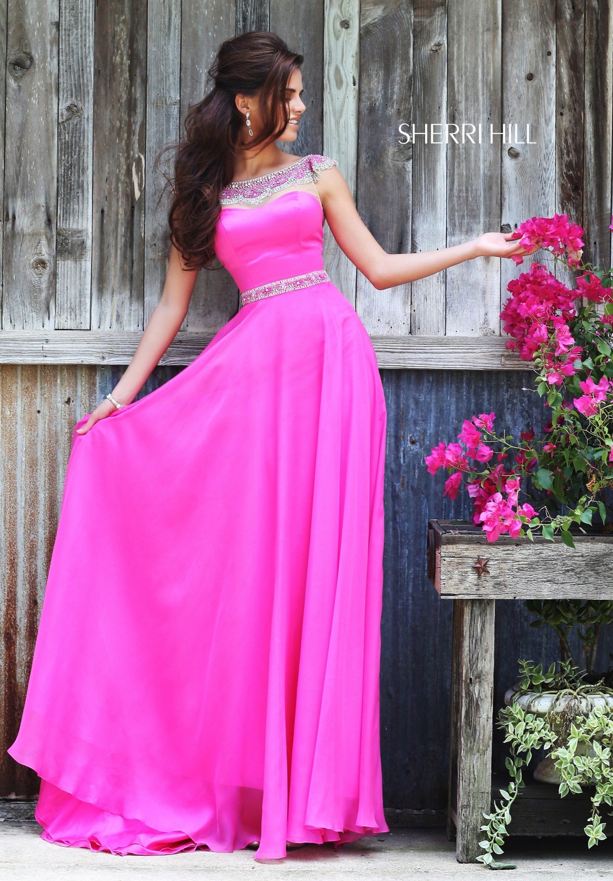 Sherri Hill 32220 strapless chiffon gown with beaded neckline in fuchsia