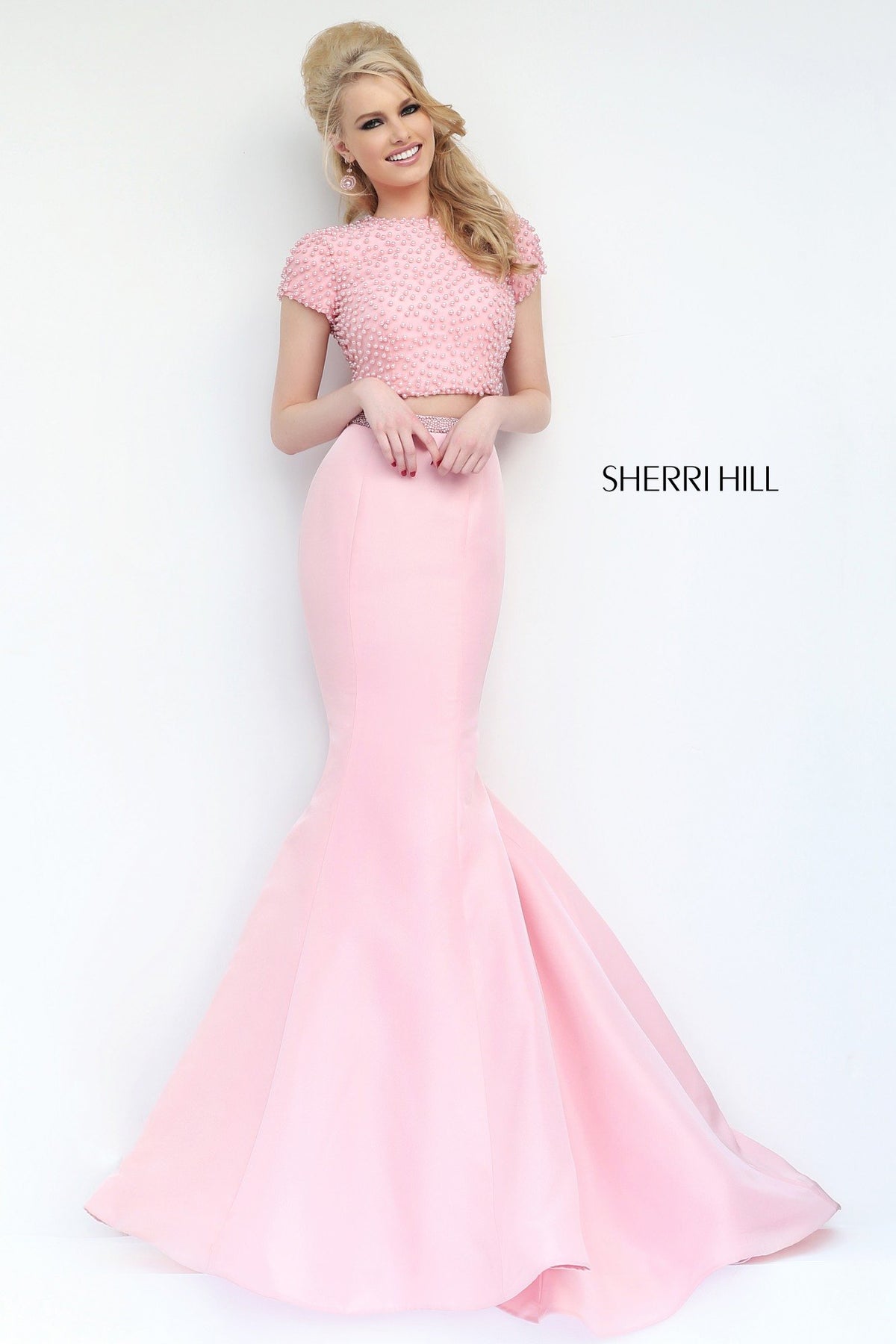 Sherri Hill 32248 two-piece cap-sleeve satin mermaid gown in blush