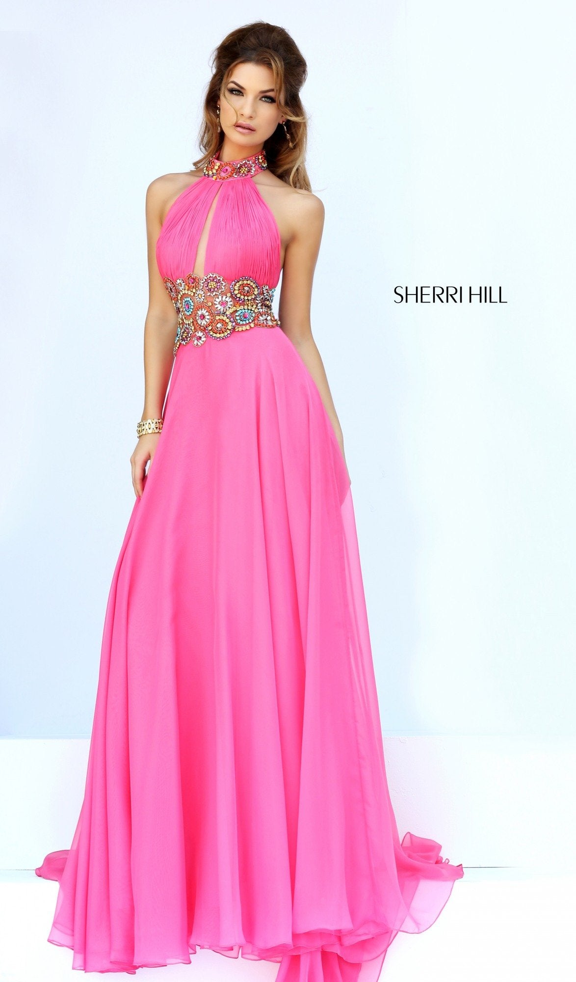 Sherri Hill 32225 two-piece chiffon gown with beaded crop top