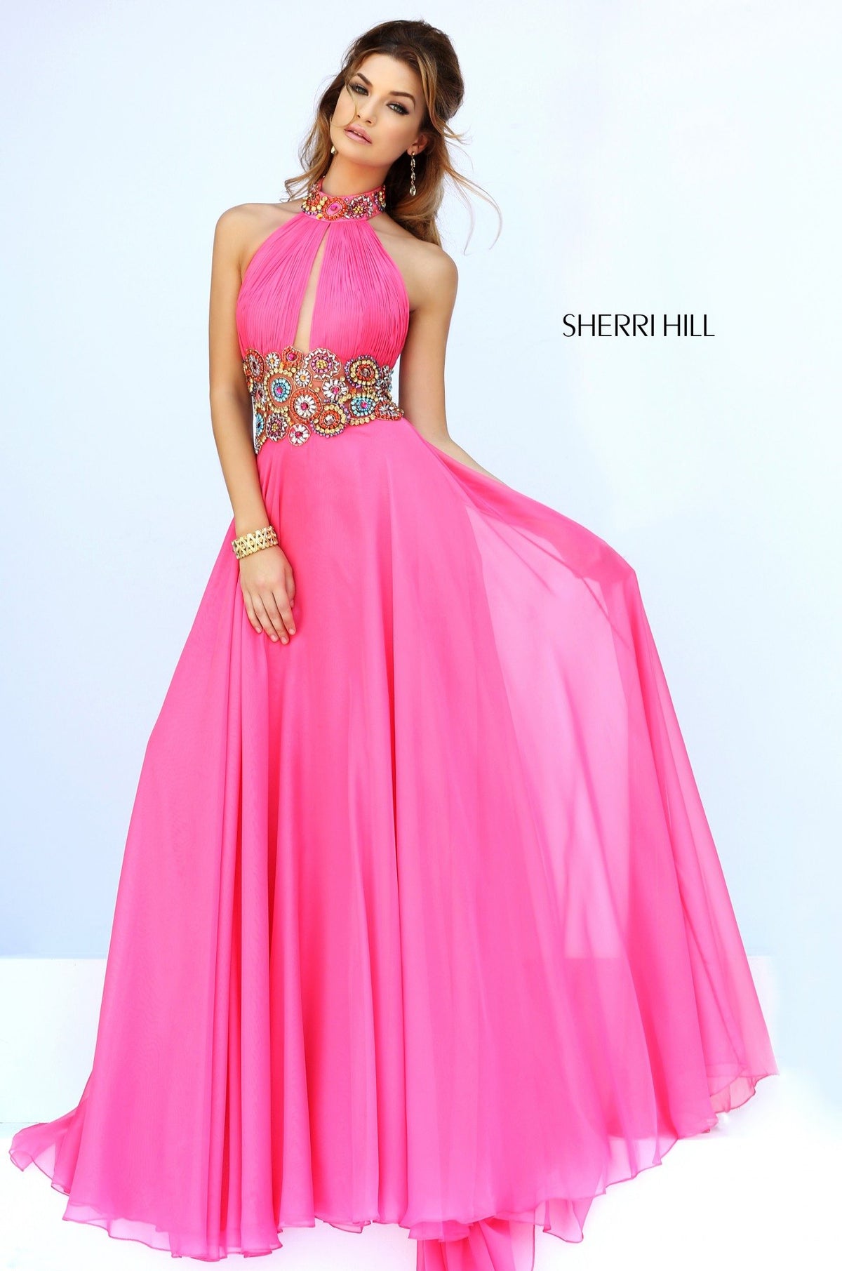 Sherri Hill 32225 two-piece chiffon gown with beaded crop top