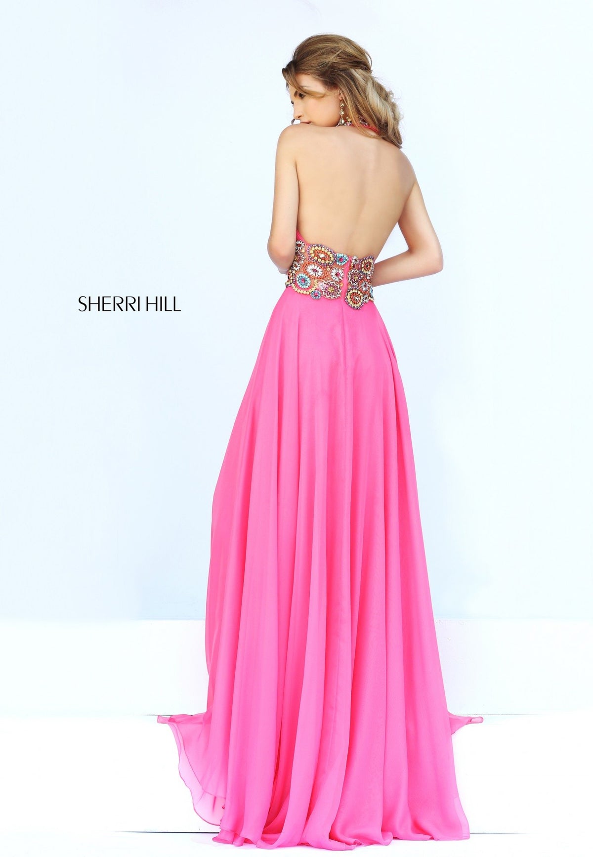 Sherri Hill 32225 two-piece chiffon gown with beaded crop top