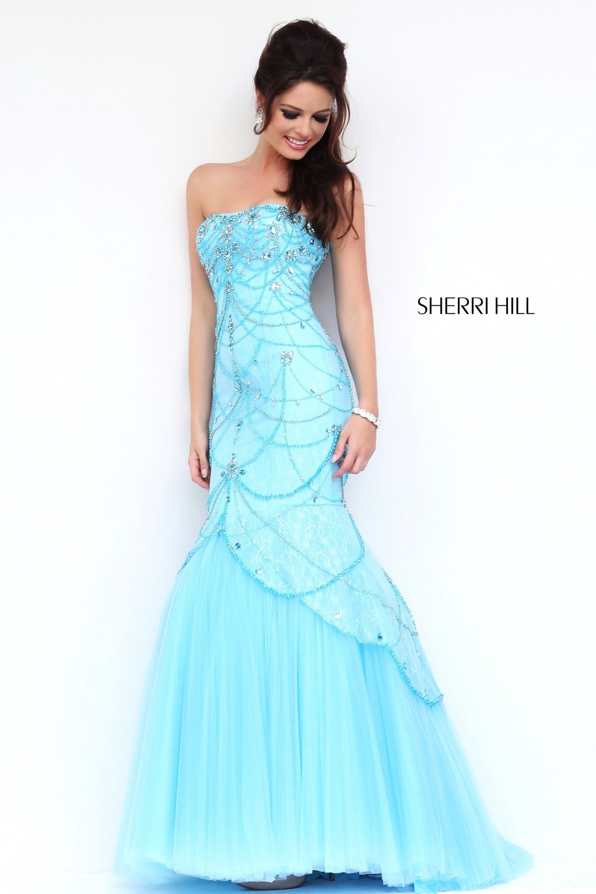 Sherri Hill 32237 strapless beaded mermaid gown in light blue