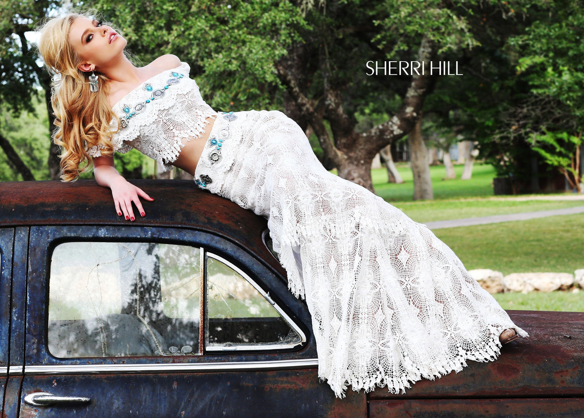 Sherri Hill 32230 two-piece off-the-shoulder lace mermaid gown in ivory/nude