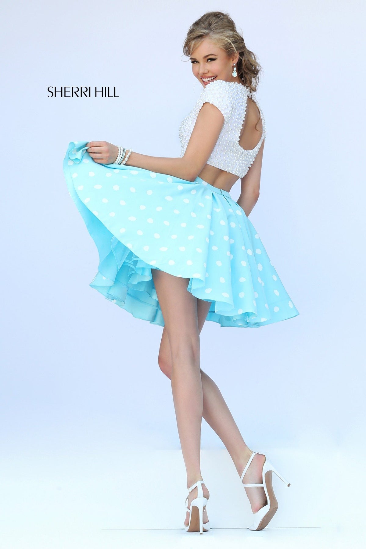 Sherri Hill 32247 two-piece cocktail dress with full skirt in ivory/blue