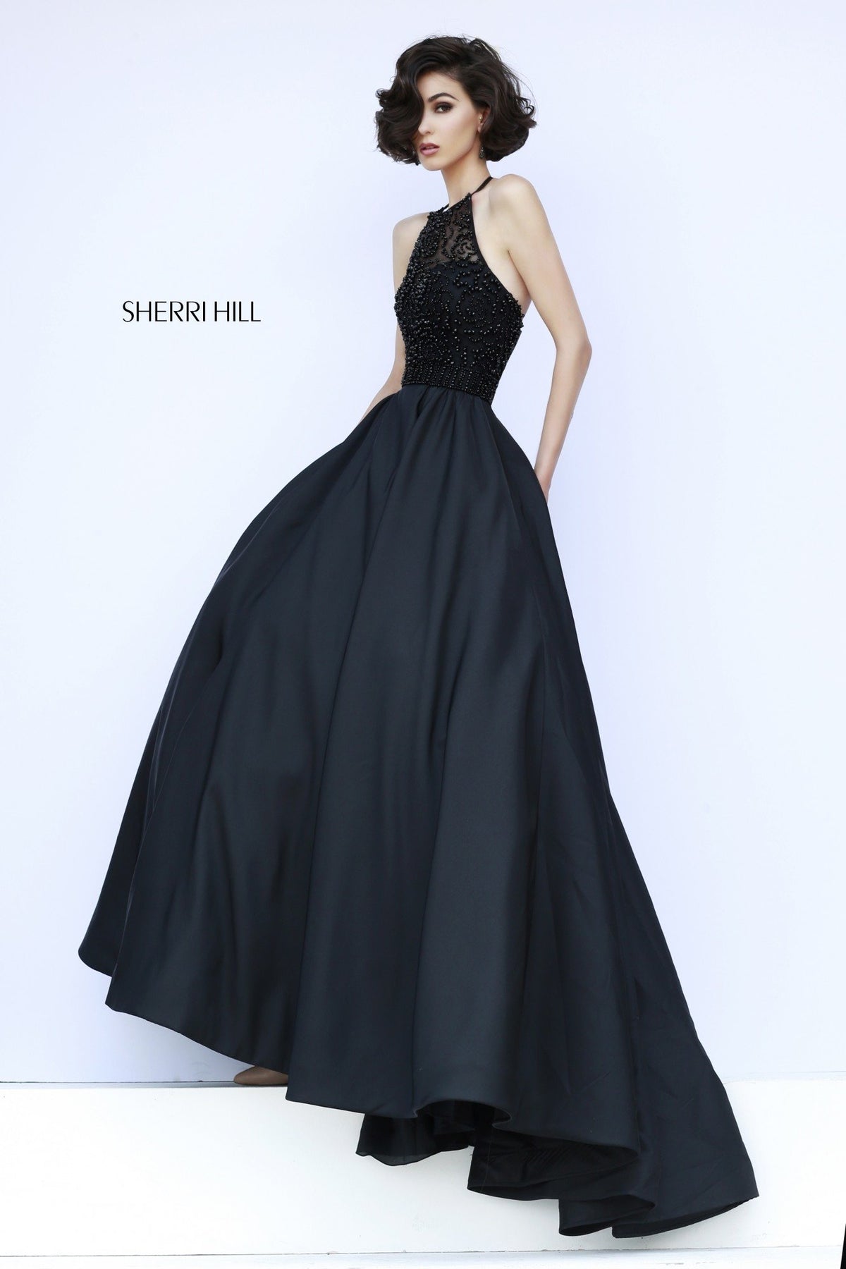 Sherri Hill 32120 halter satin high-low gown in black