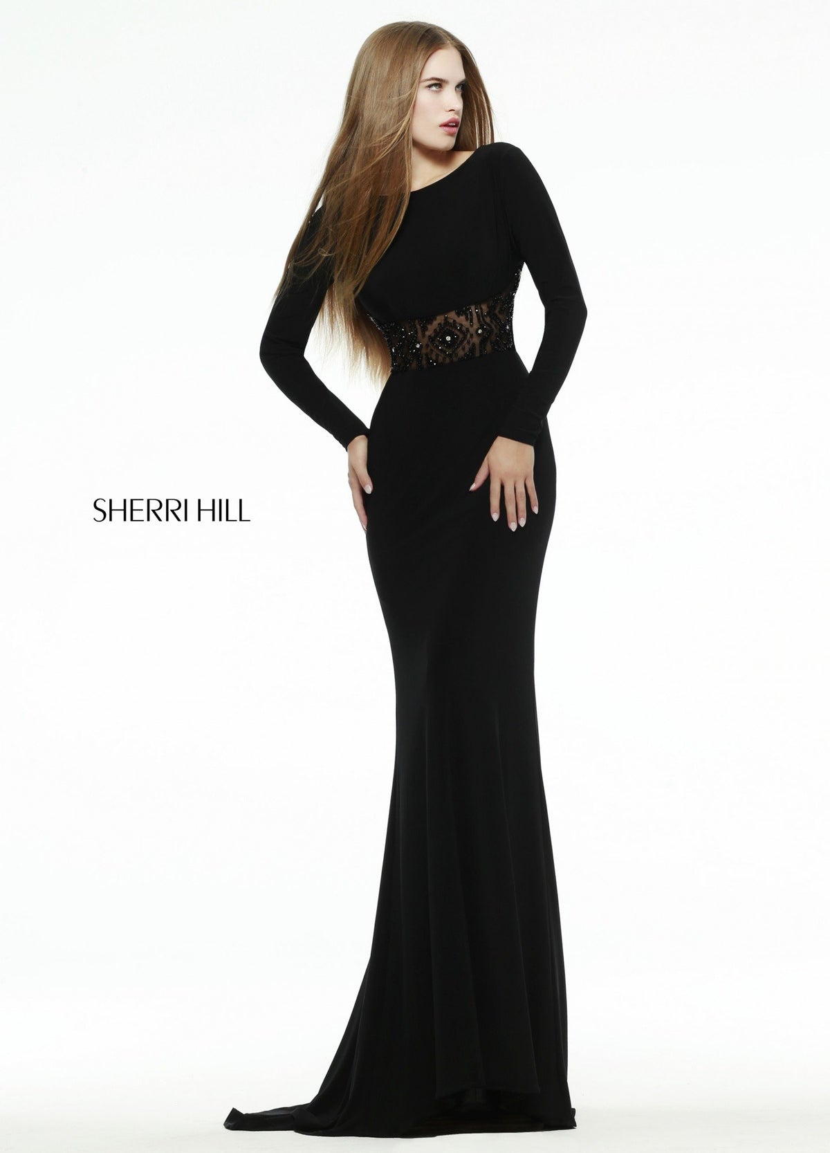 Sherri Hill 32121 long-sleeve fitted jersey gown in black