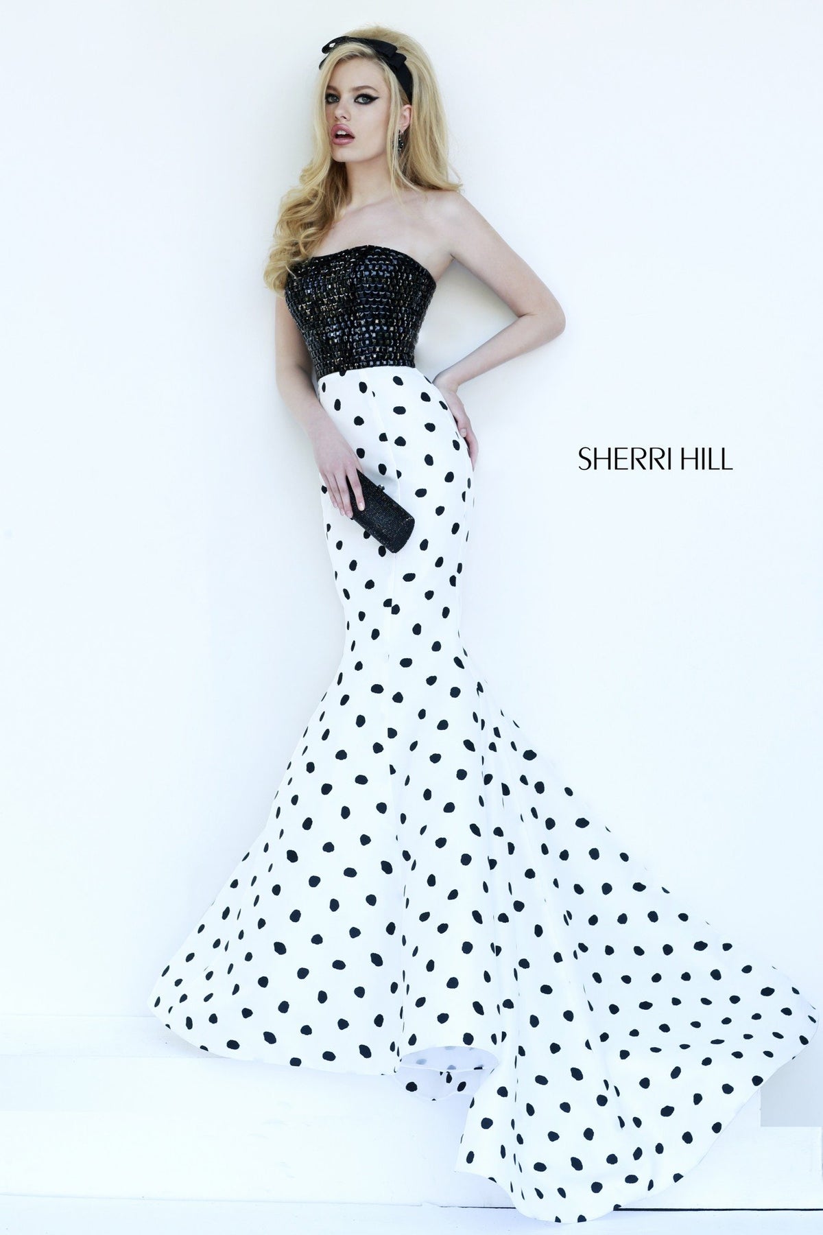 Sherri Hill 32148 two-piece polka dot mermaid gown in black/white