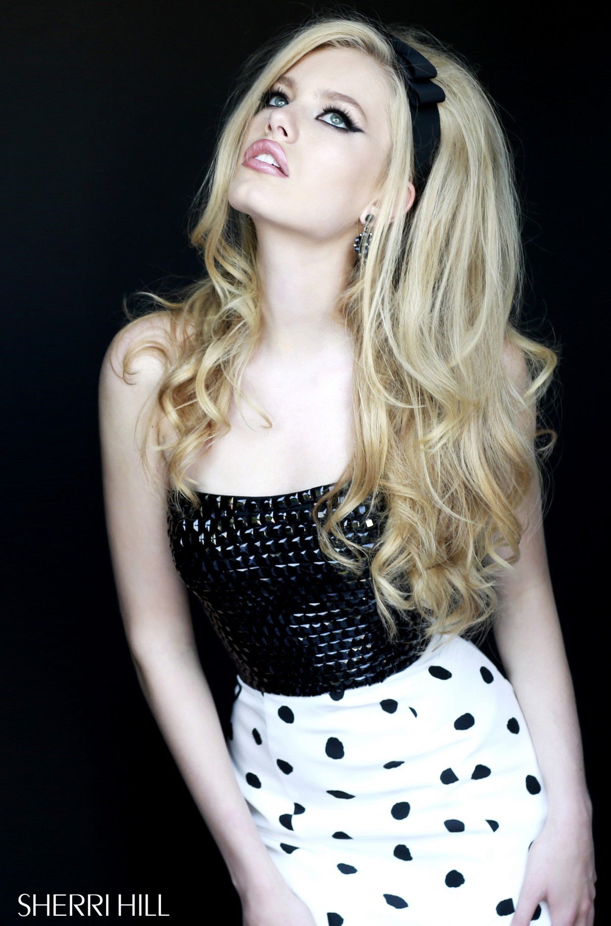 Sherri Hill 32148 two-piece polka dot mermaid gown in black/white