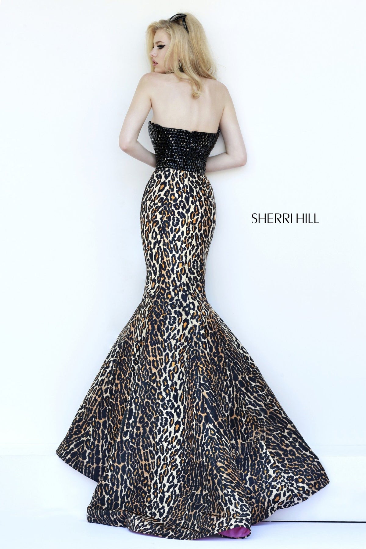 Sherri Hill 32157 strapless animal print mermaid gown in black/leopard