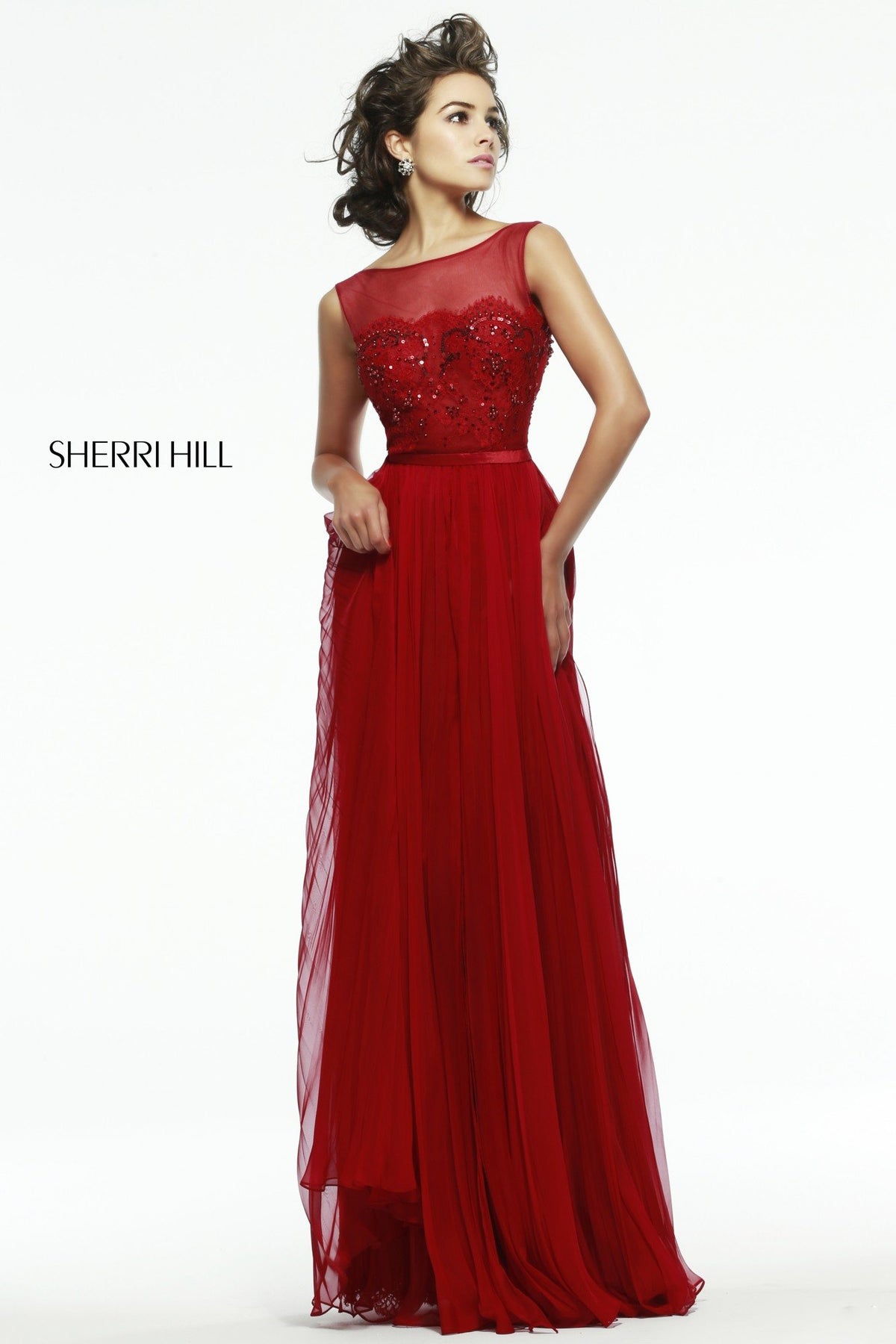 Sherri Hill 4804 one-shoulder beaded bodice chiffon gown in red