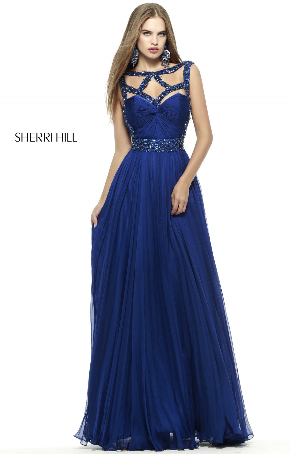 Sherri Hill 4806 chiffon gown with beaded bodice cutouts in royal