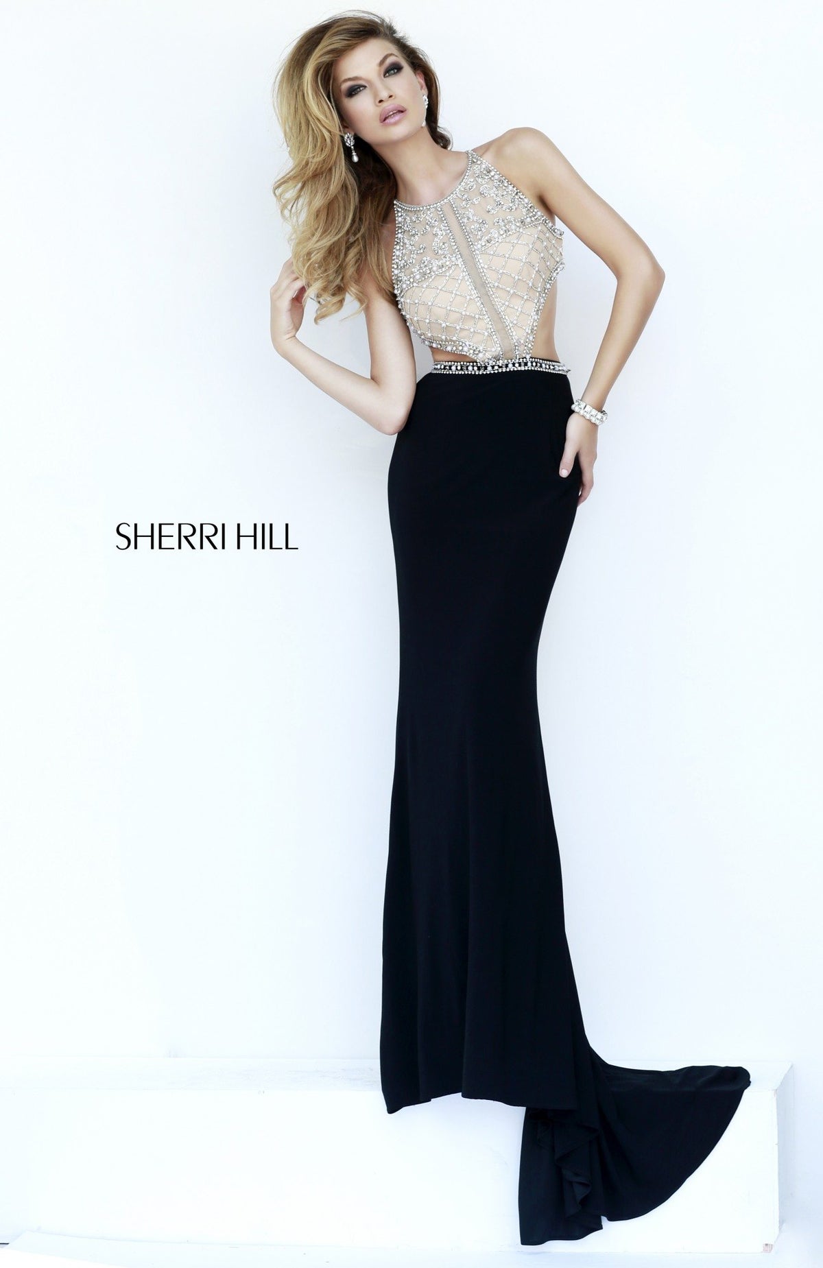 Sherri Hill 32069 beaded fitted dress with cutouts