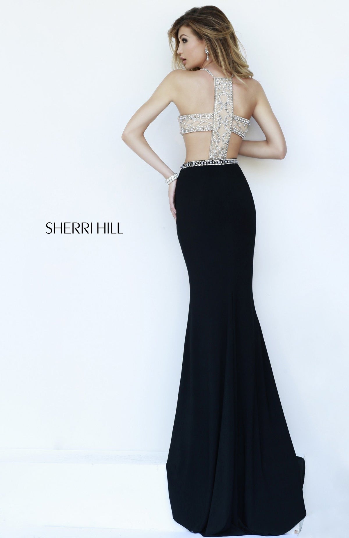 Sherri Hill 32069 beaded fitted dress with cutouts