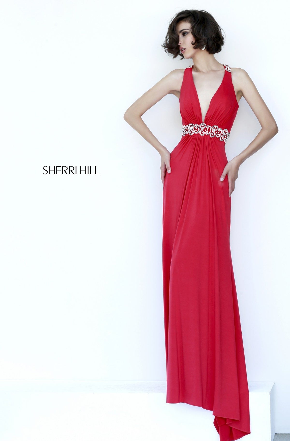 Sherri Hill 8550 V-neck fitted jersey gown with beaded waist in red