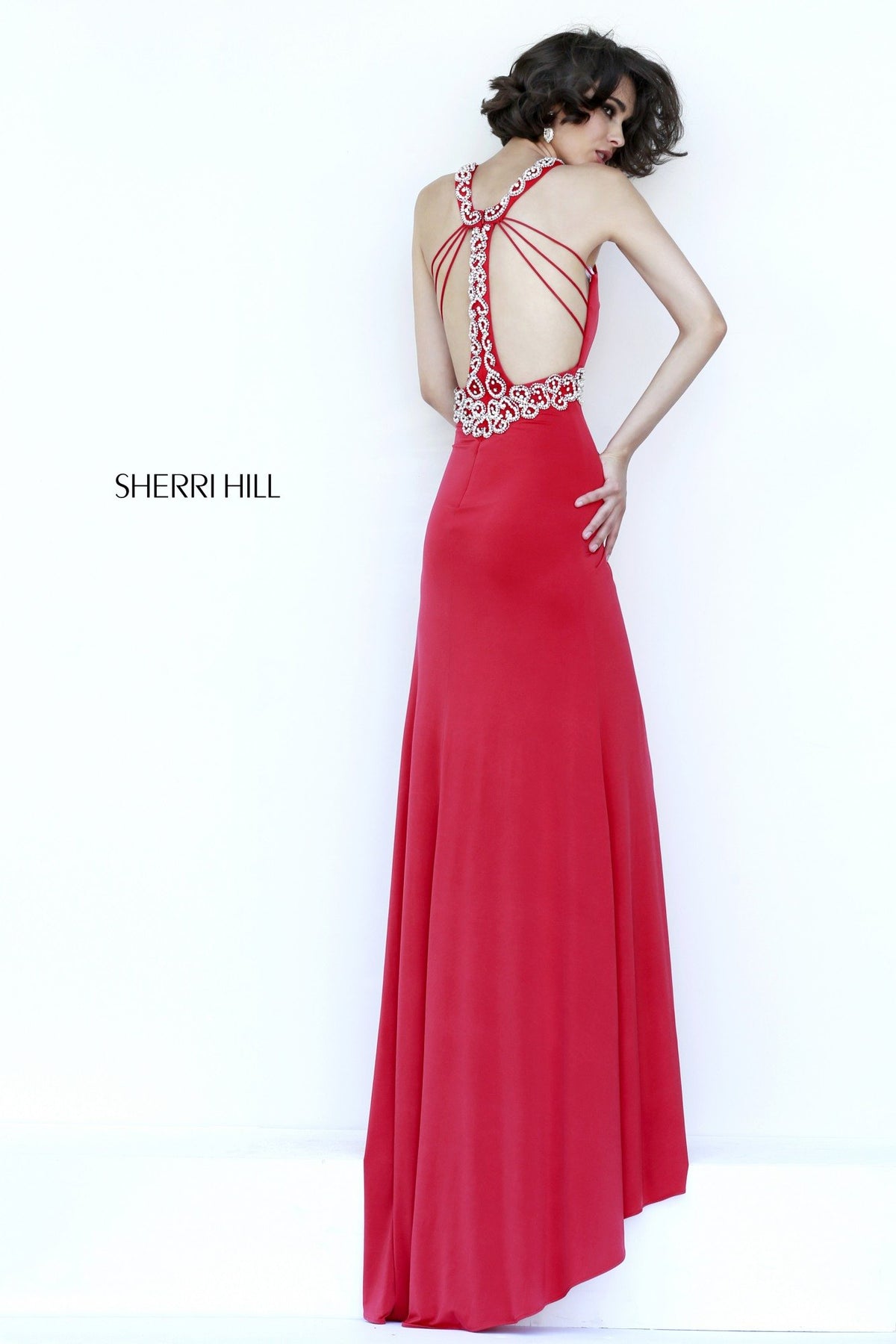 Sherri Hill 8550 V-neck fitted jersey gown with beaded waist