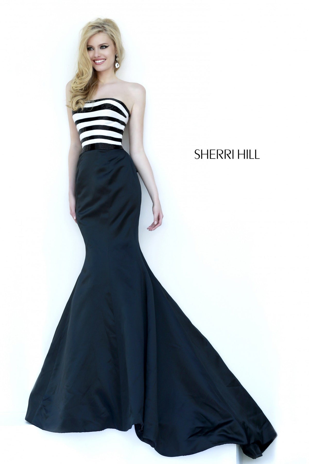 Sherri Hill 32091 strapless striped bodice mermaid gown in black/ivory