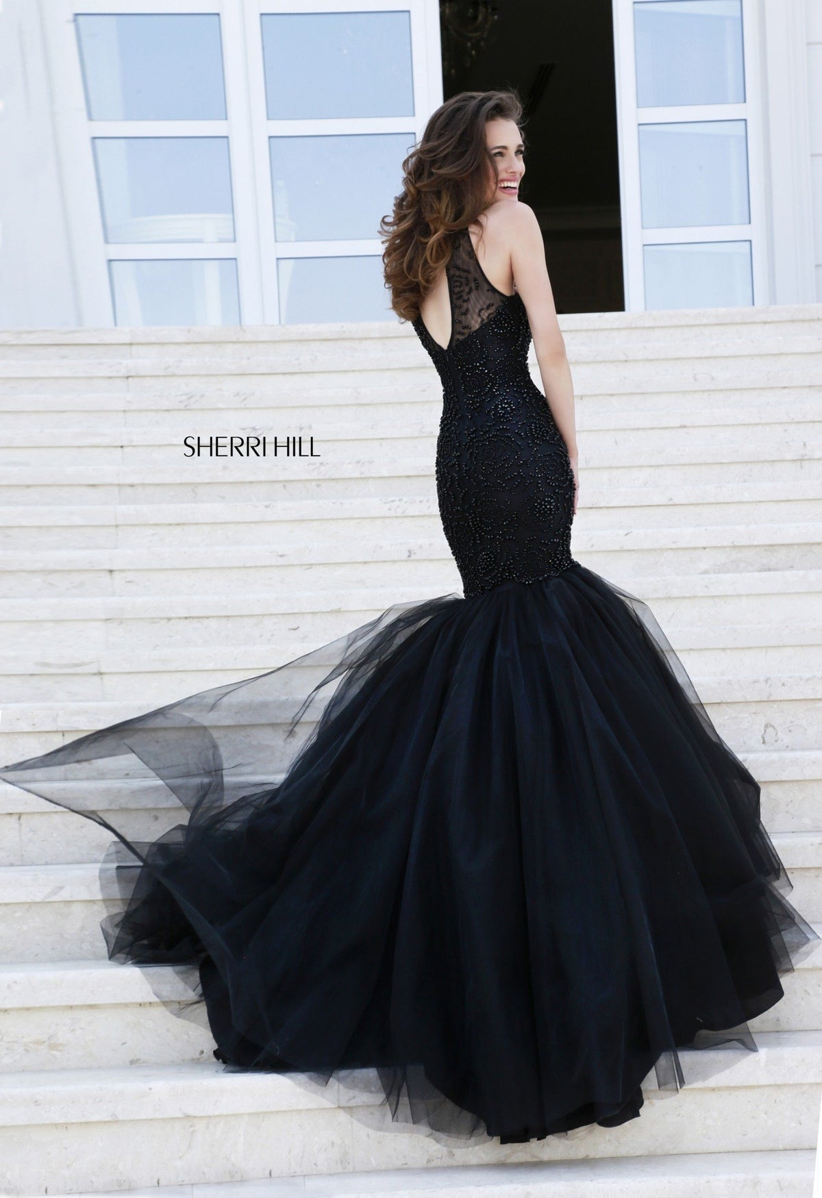 Sherri Hill 32095 beaded mermaid gown with tulle skirt
