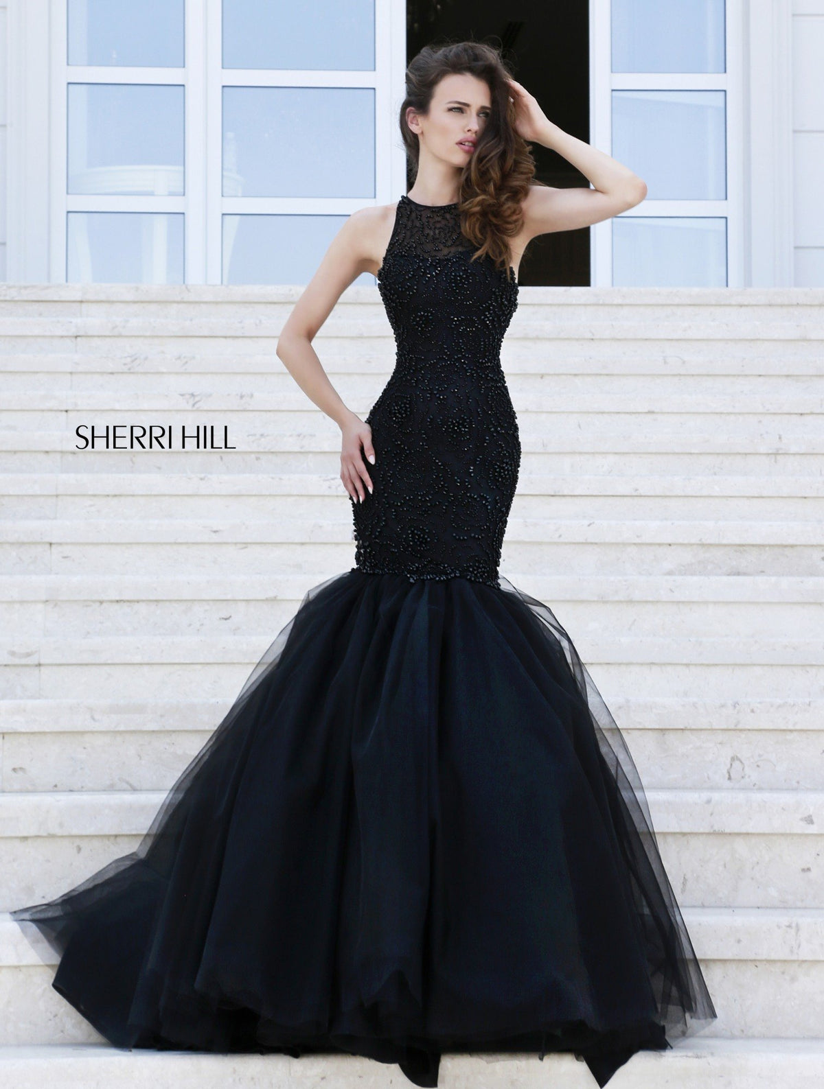 Sherri Hill 32095 beaded mermaid gown with tulle skirt in black