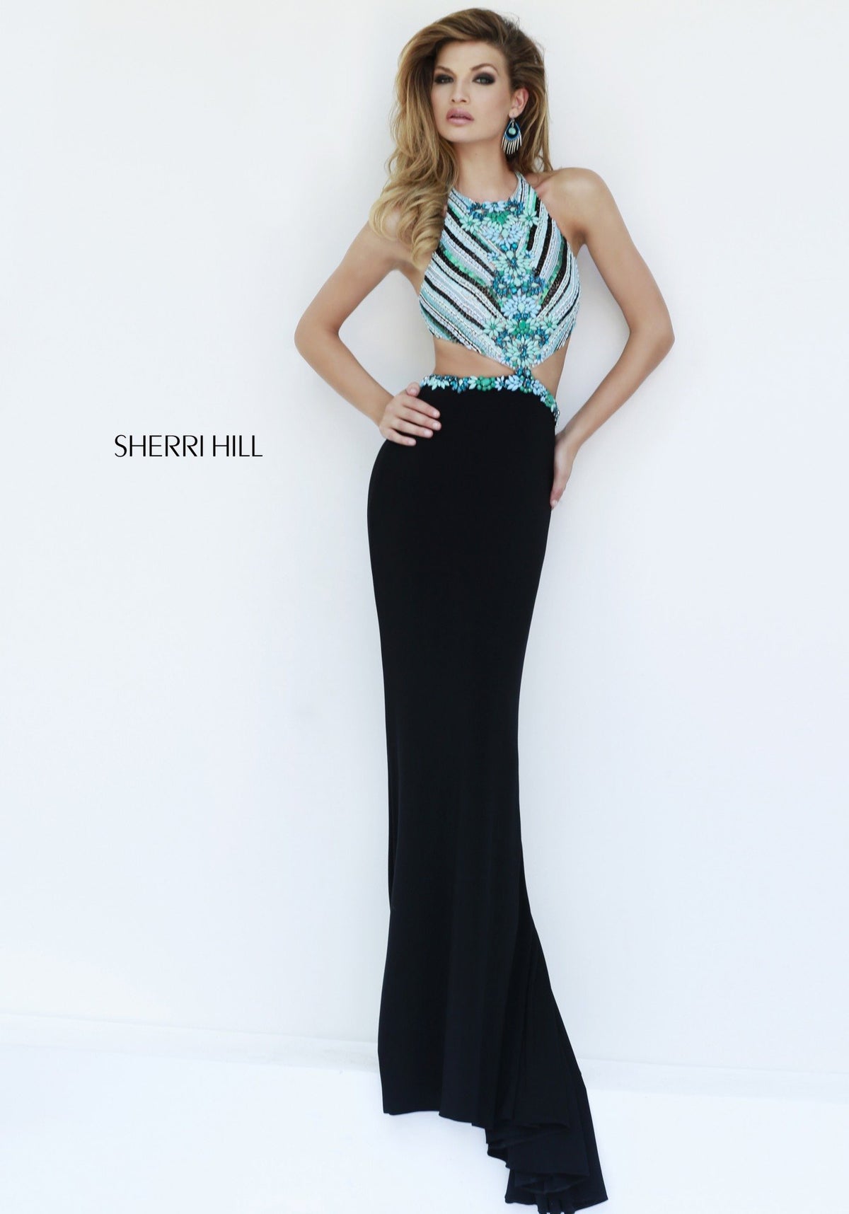 Sherri Hill 11203 halter fitted gown with beaded bodice in black/multi