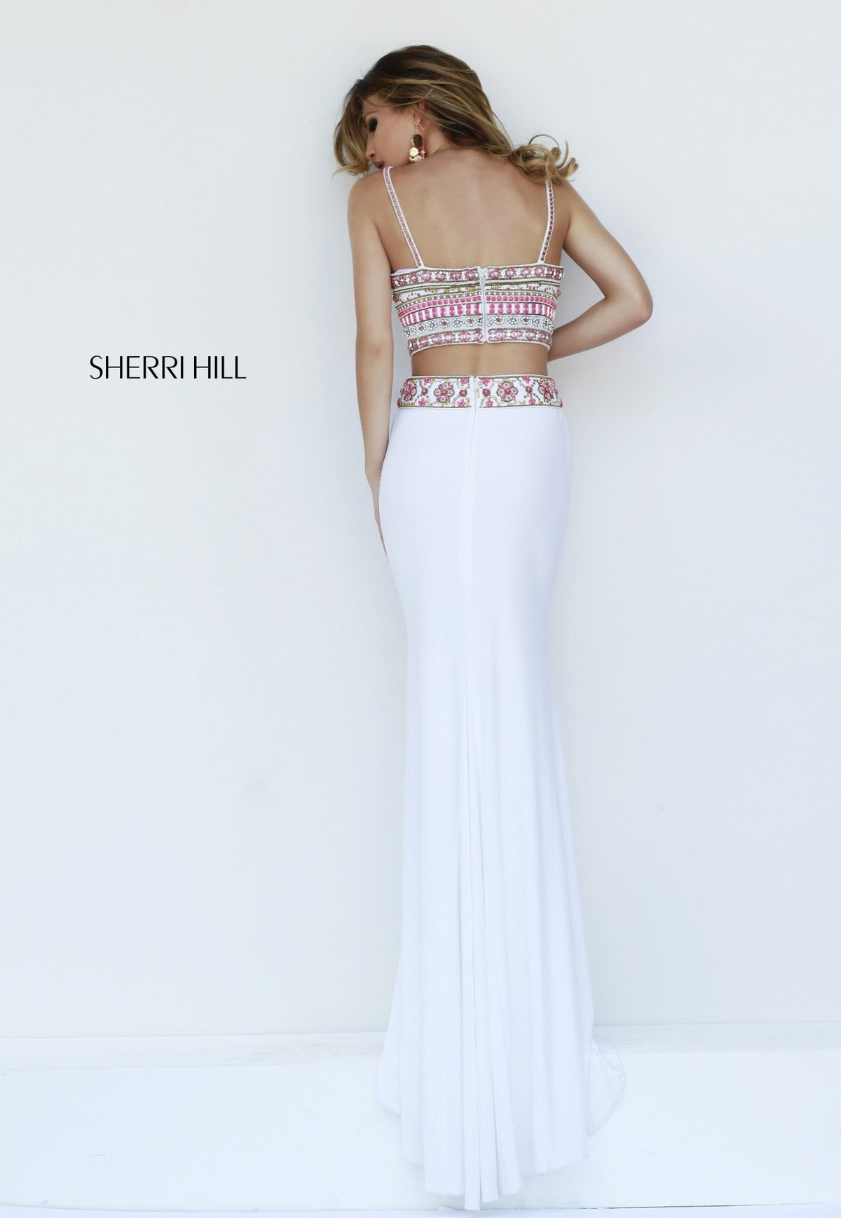 Sherri Hill 11213 two-piece fitted gown with beaded crop top in ivory/coral