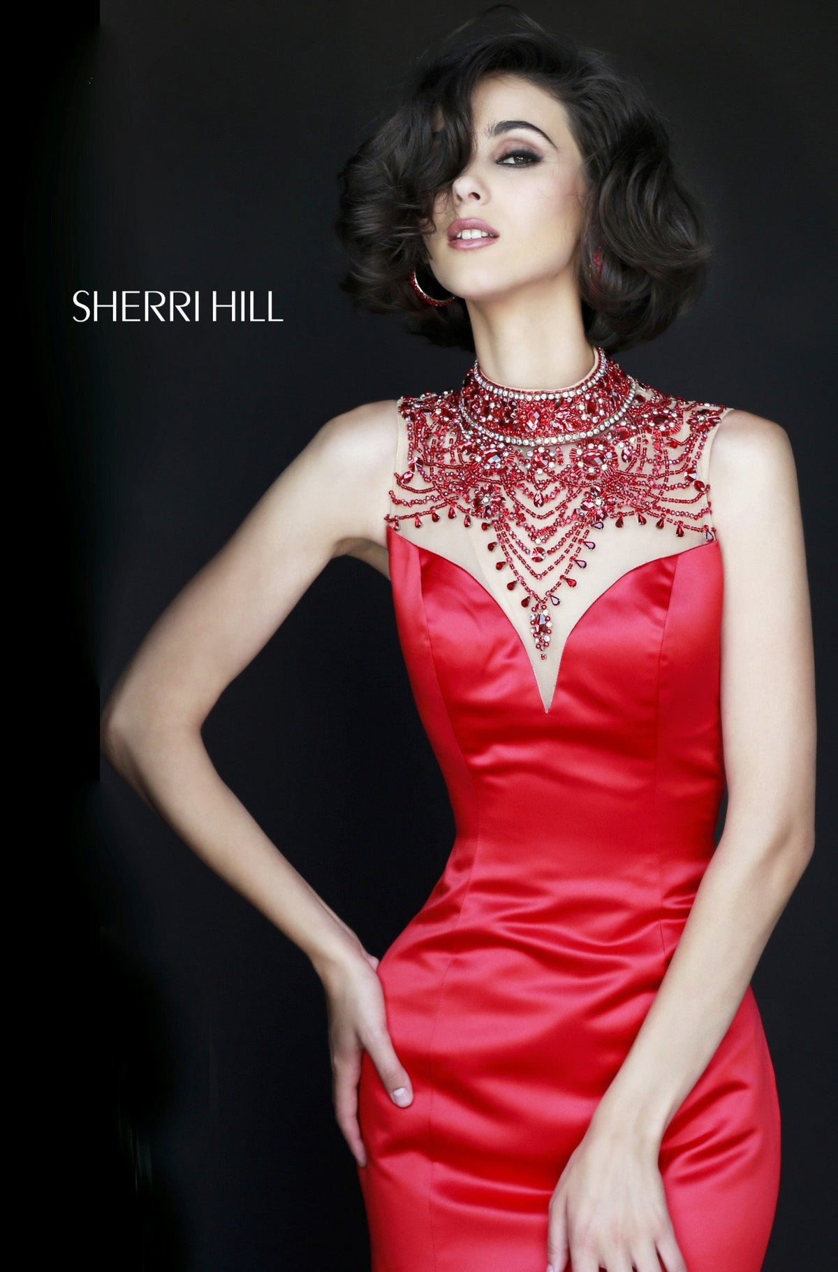 Sherri Hill 32124 satin mermaid gown with beaded neckline
