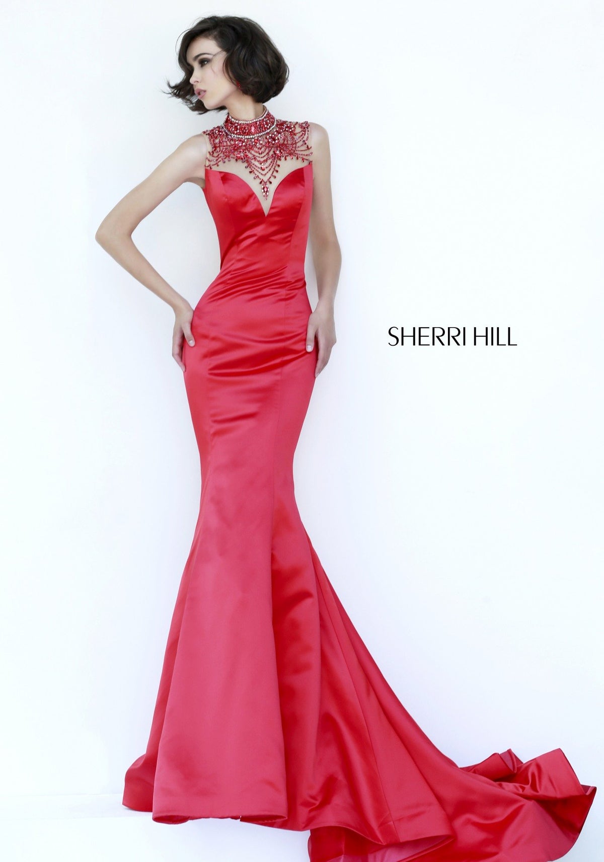 Sherri Hill 32124 satin mermaid gown with beaded neckline in red