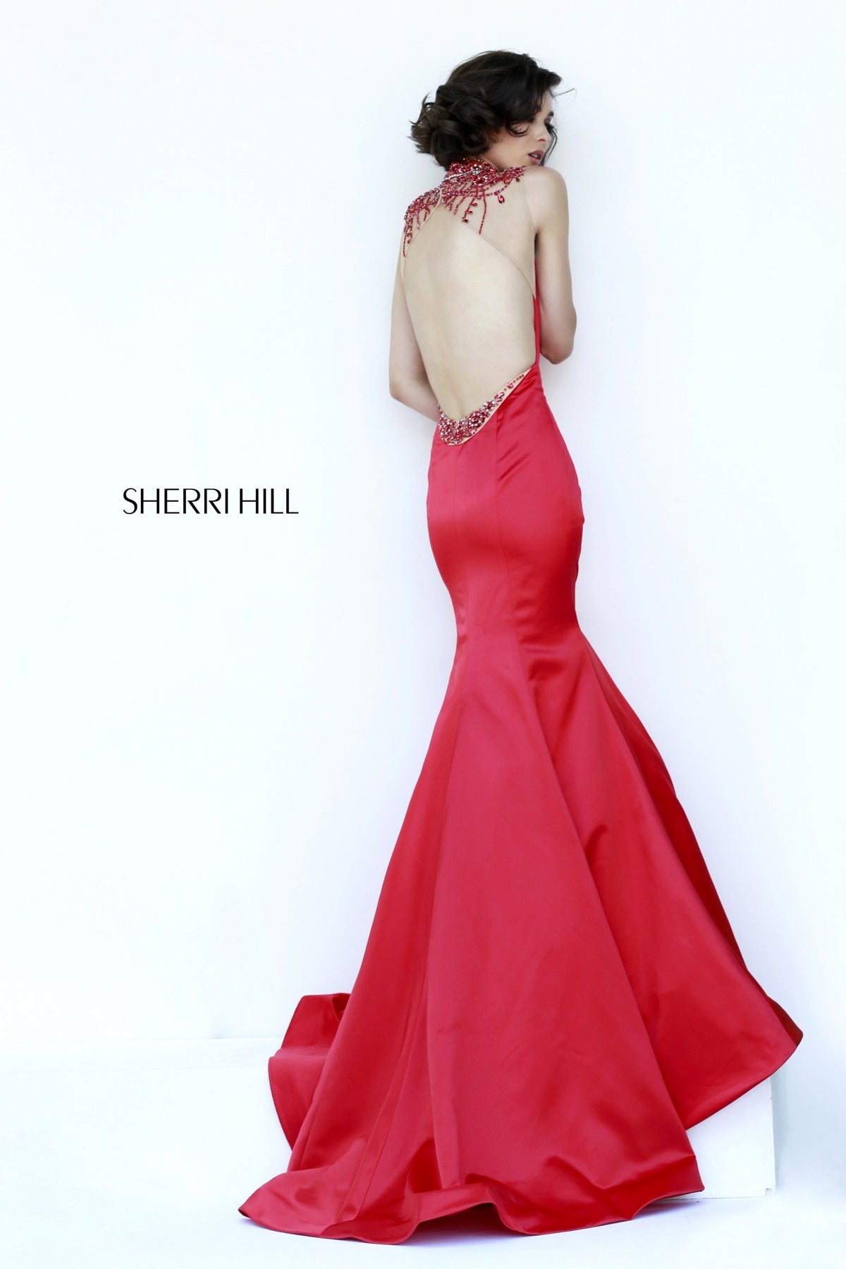 Sherri Hill 32124 satin mermaid gown with beaded neckline