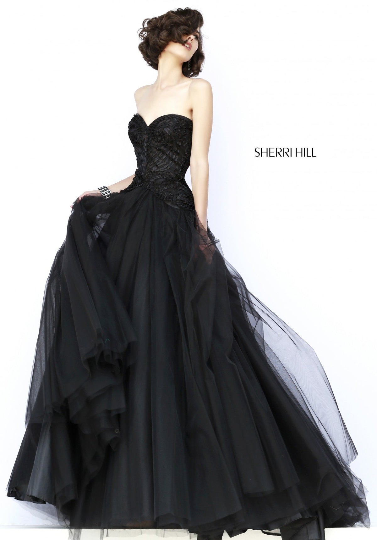 Sherri Hill 32137 strapless beaded bodice tulle ball gown in black