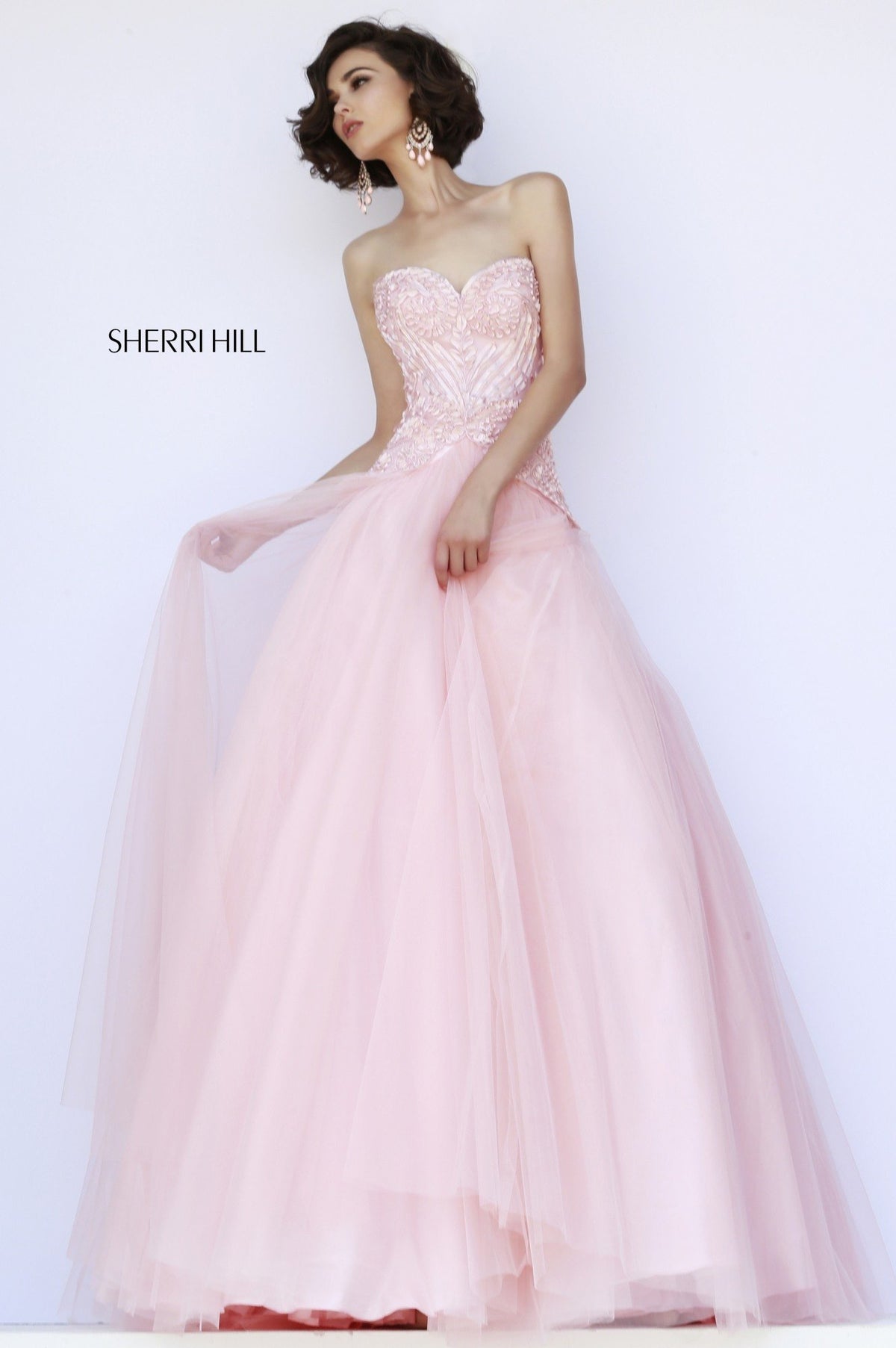 Sherri Hill 32137 strapless beaded bodice tulle ball gown in blush
