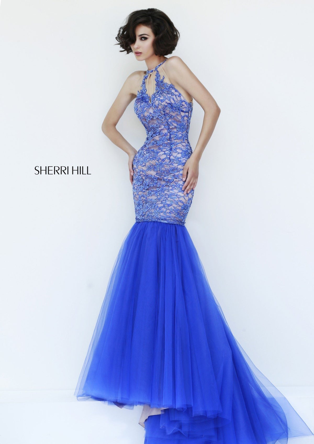 Sherri Hill 32141 beaded mermaid gown with satin skirt in nude/royal