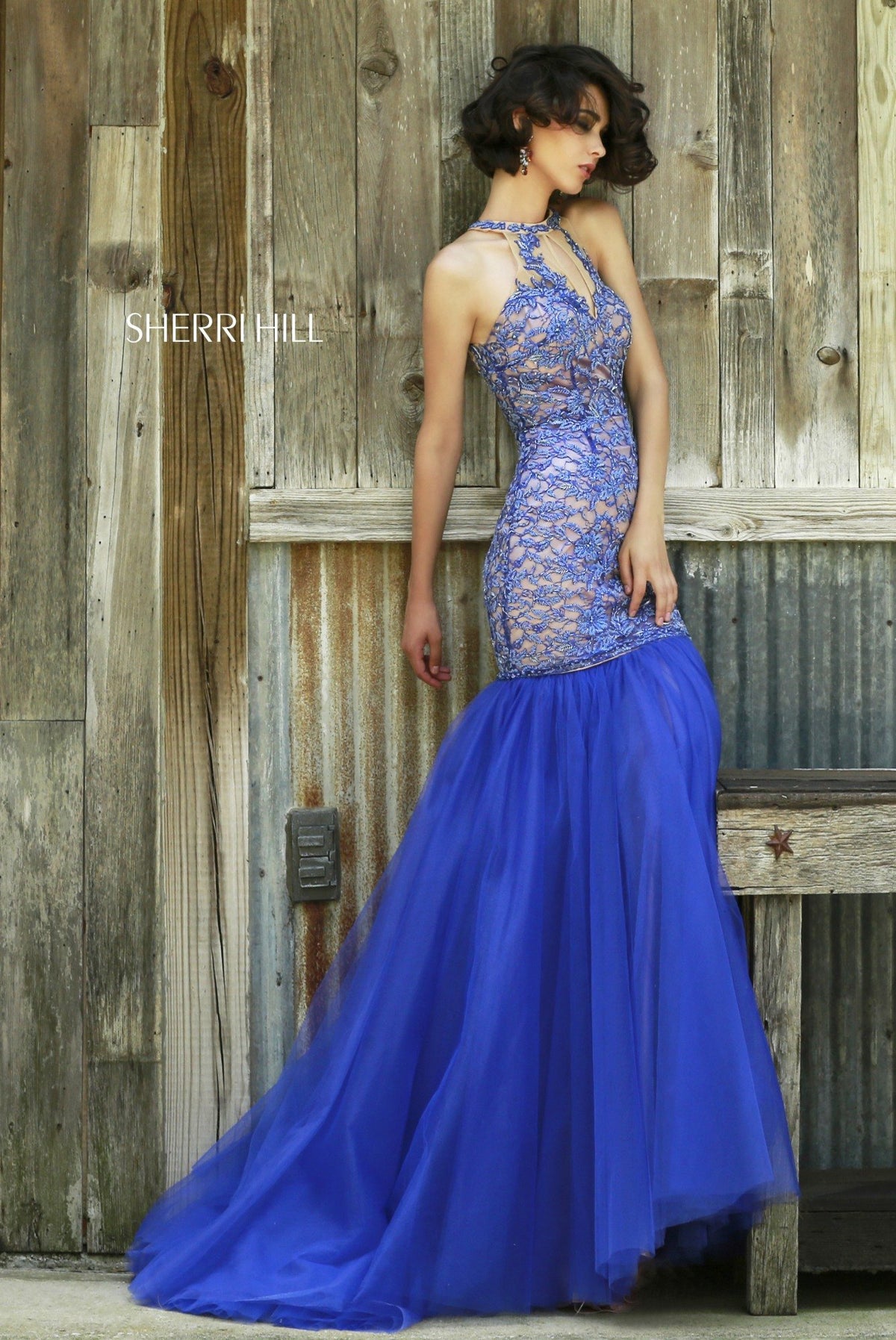 Sherri Hill 32141 beaded mermaid gown with satin skirt in nude/royal