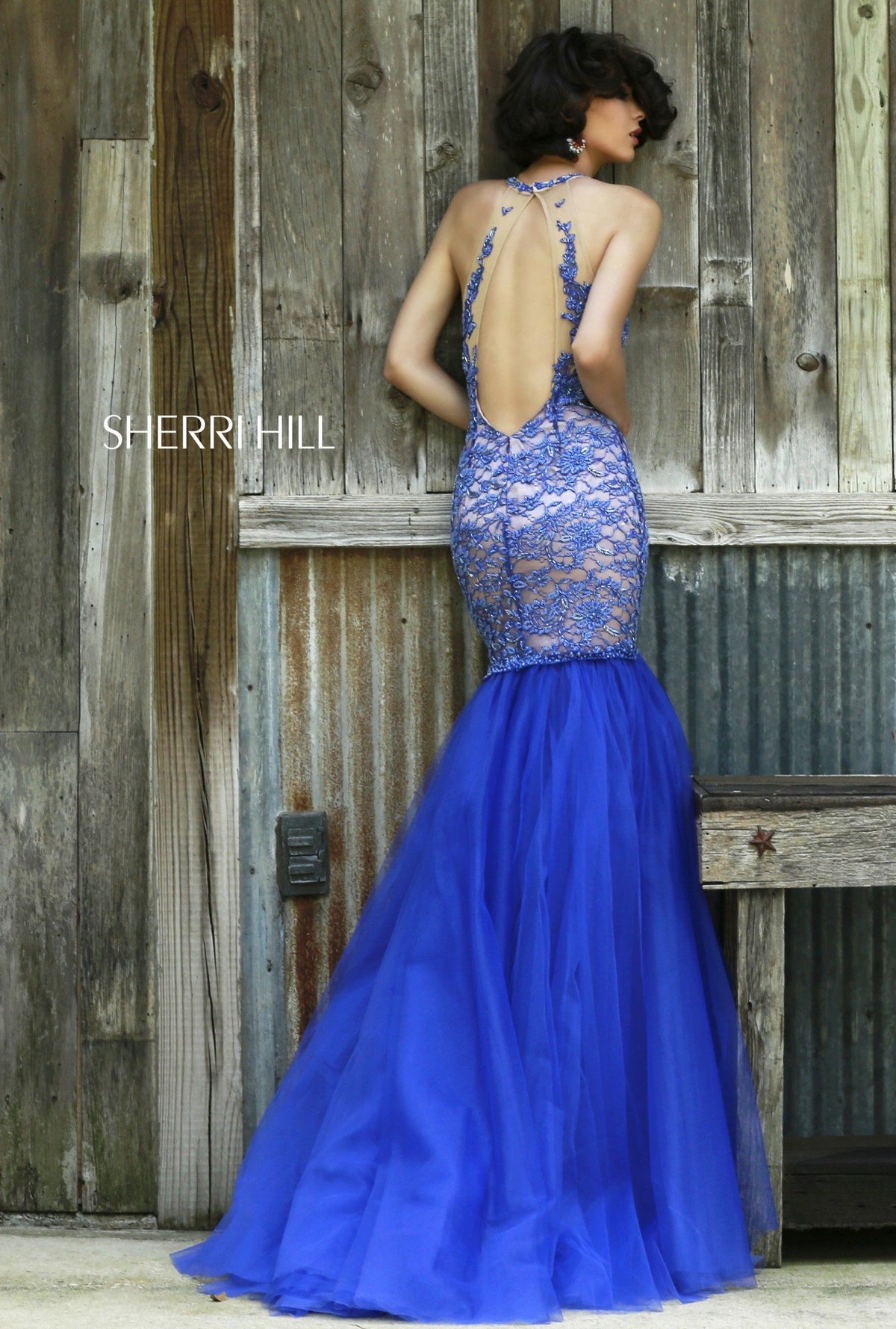 Sherri Hill 32141 beaded mermaid gown with satin skirt in nude/royal