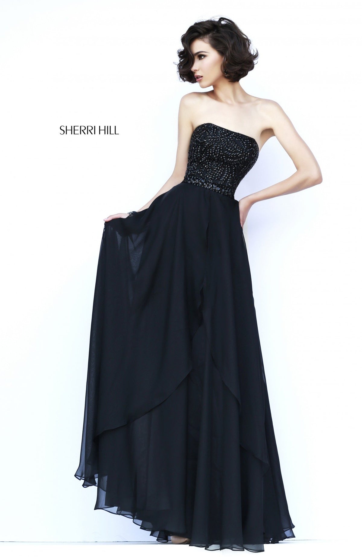 Sherri Hill 1941 strapless chiffon gown with beaded waist in black
