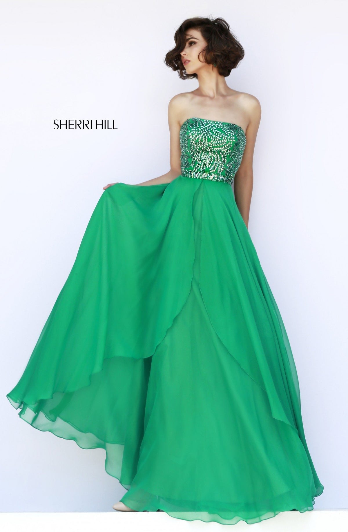 Sherri Hill 1941 strapless chiffon gown with beaded waist in emerald