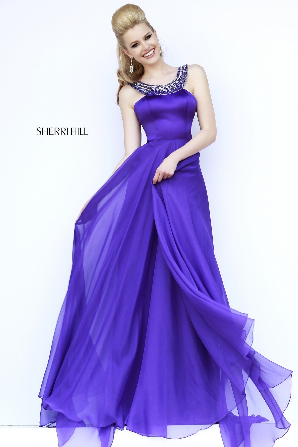 Sherri Hill 32151 chiffon gown with beaded straps in purple