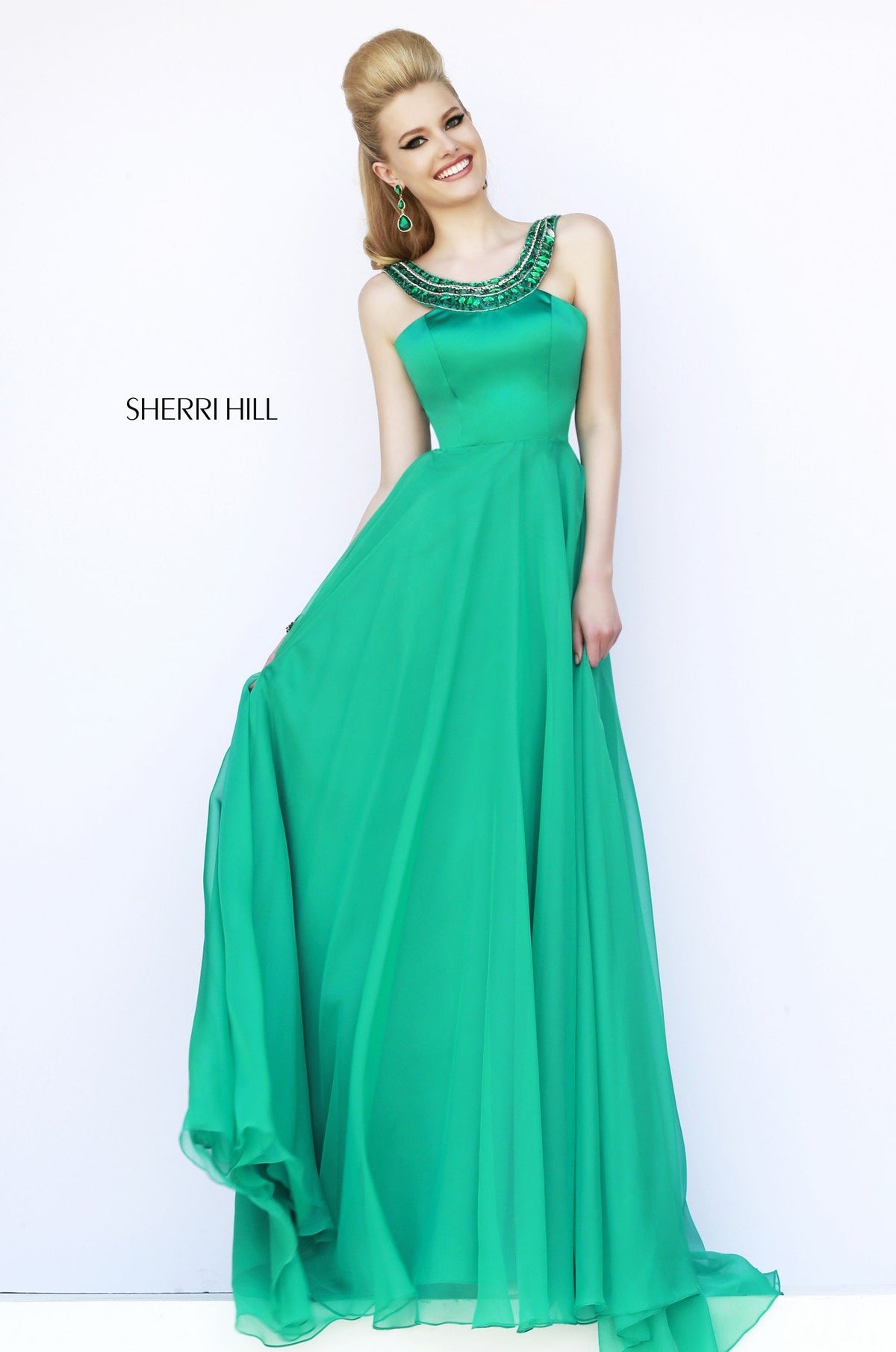 Sherri Hill 32151 chiffon gown with beaded straps in emerald