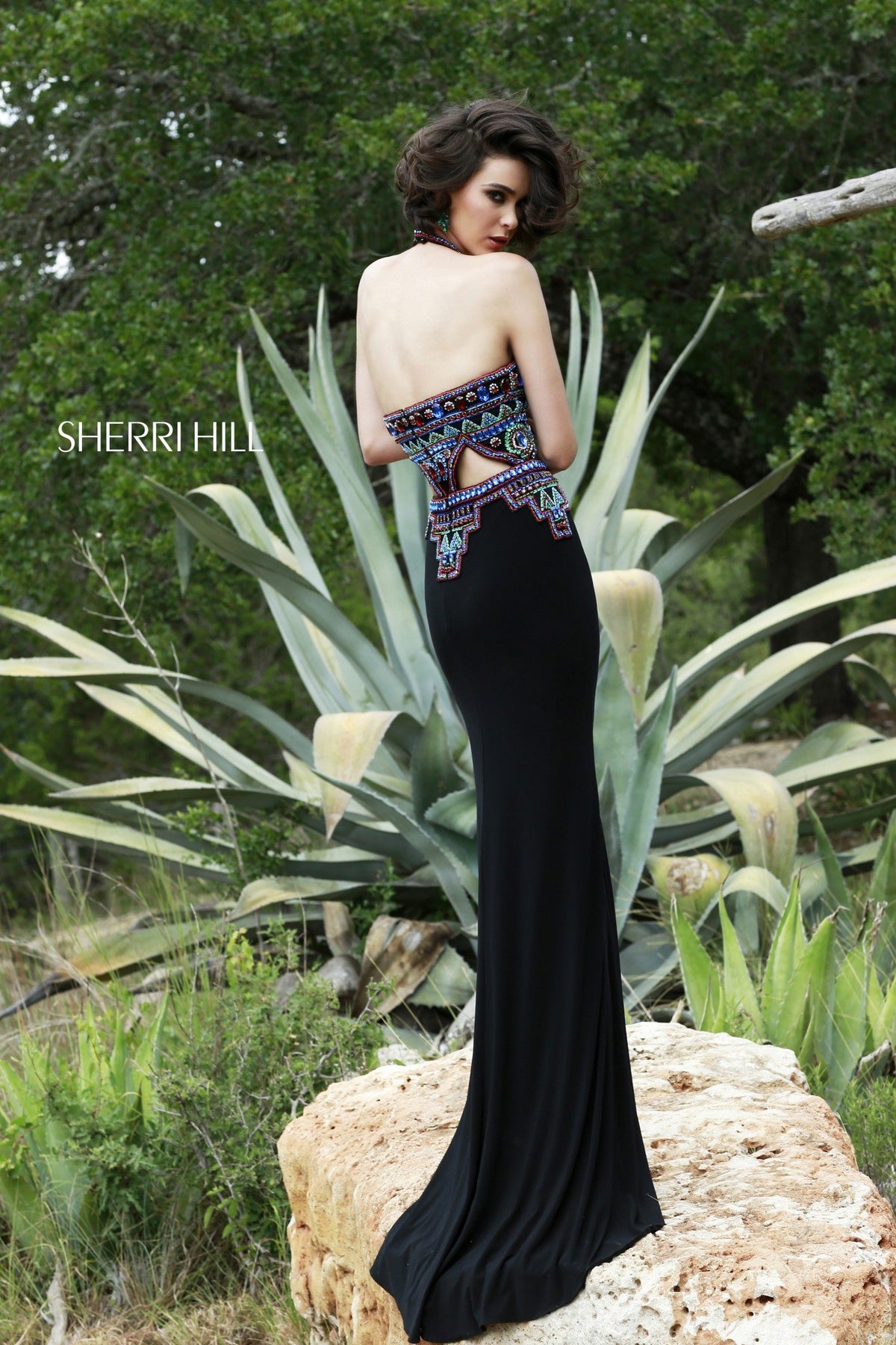 Sherri Hill 11242 fitted jersey gown with beaded cutouts in black/multi
