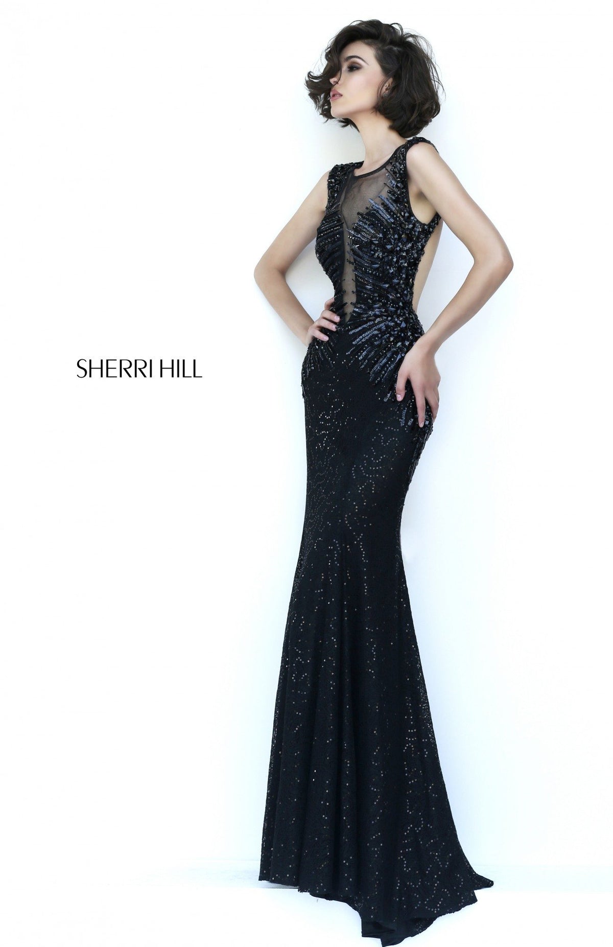 Sherri Hill 9734 beaded fitted gown in black