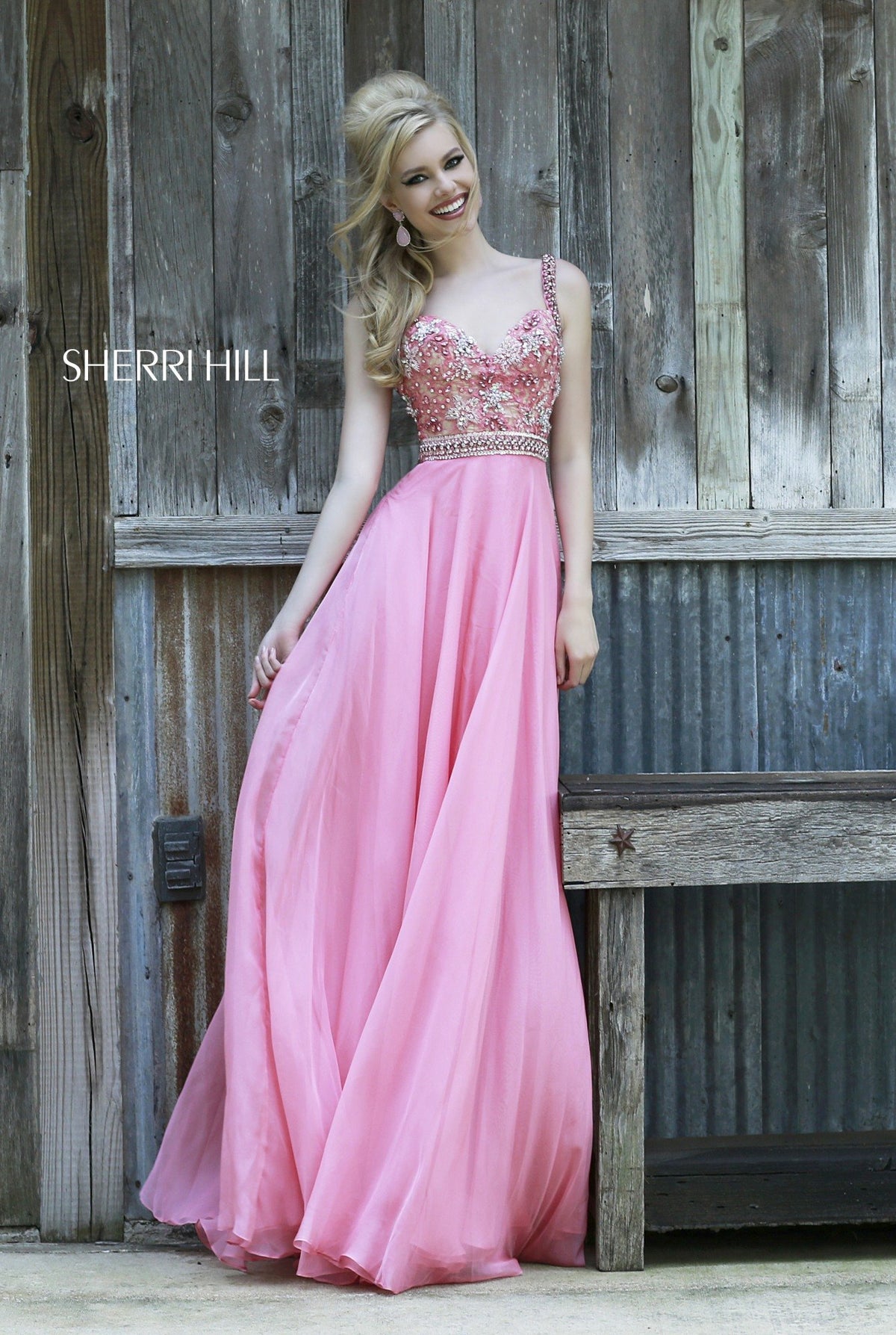 Sherri Hill 8552 beaded bodice chiffon gown in coral